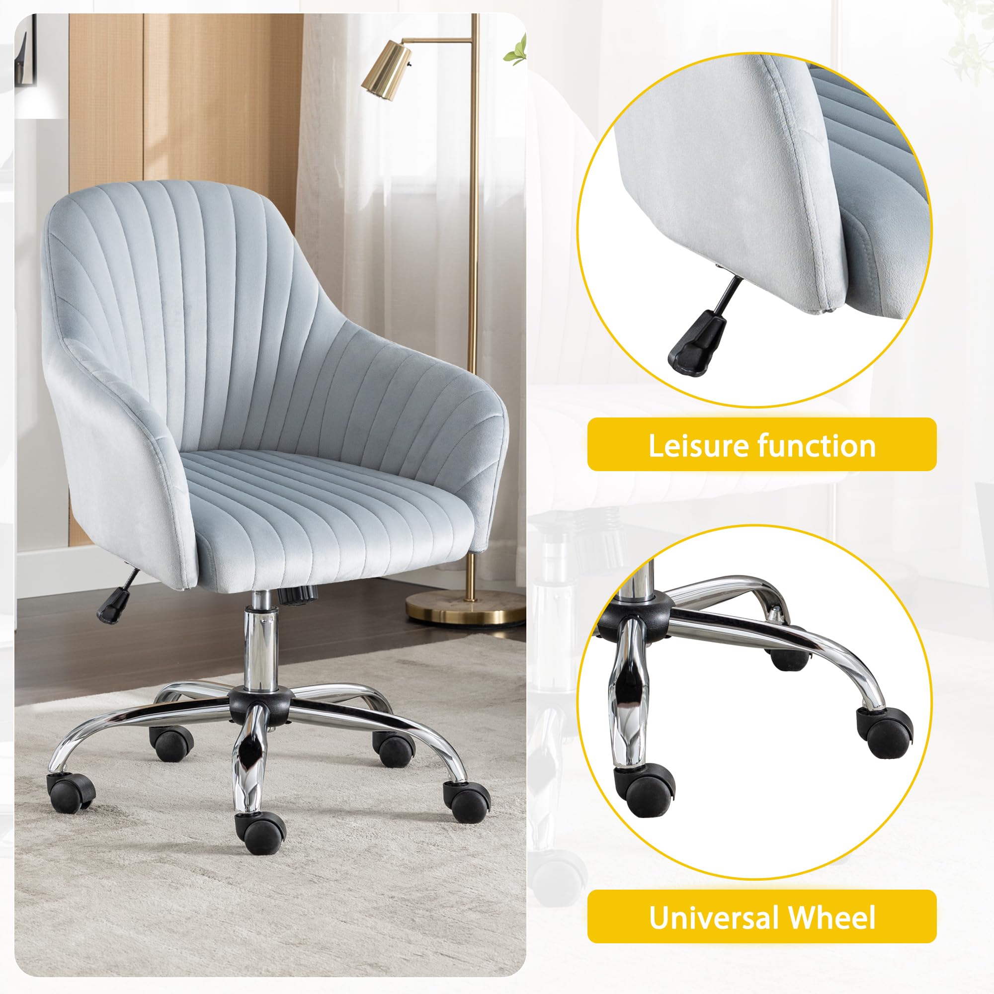 Modern Vanity Velvet Adjustable Low Back Rolling Chair, Twill Upholstered Cute Chair with Wheels