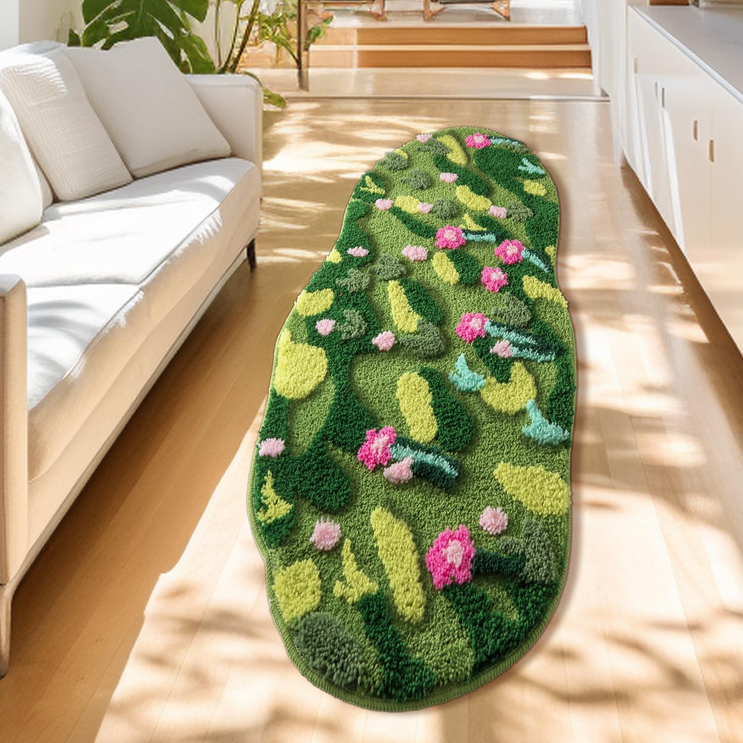 Green Moss Bathroom Rugs Bath Mat Non Slip, Ultra Soft Absorbent Aesthetic Decor Shaggy Tufted Flower Long Bath Rugs