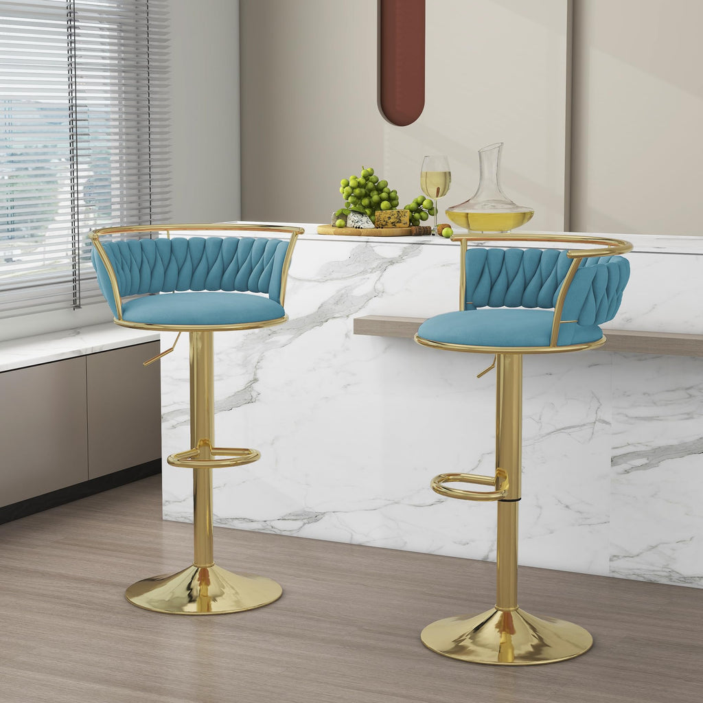 Velvet Swivel Bar Stools, Adjustable Counter Height Bar Chairs with Low Back & Footrest, Modern Gold Bar Stools for Kitchen Island, Bar Pub