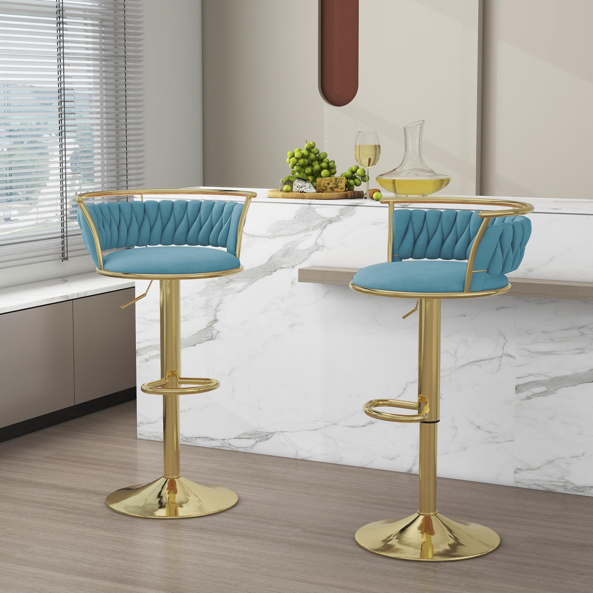 Velvet Swivel Bar Stools, Adjustable Counter Height Bar Chairs with Low Back & Footrest, Modern Gold Bar Stools for Kitchen Island, Bar Pub