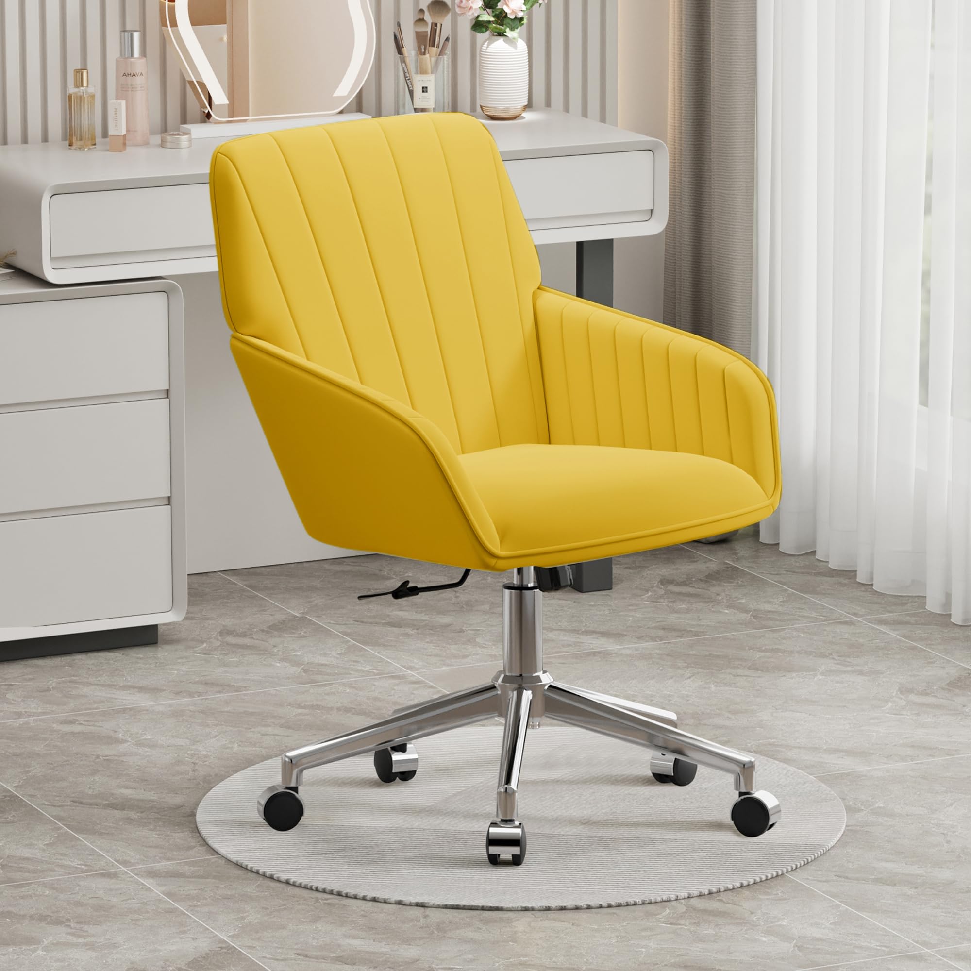 Velvet Modern Cute Chair with Back, Height Adjustable Upholstered Vanity Chair with Swivel Wheels