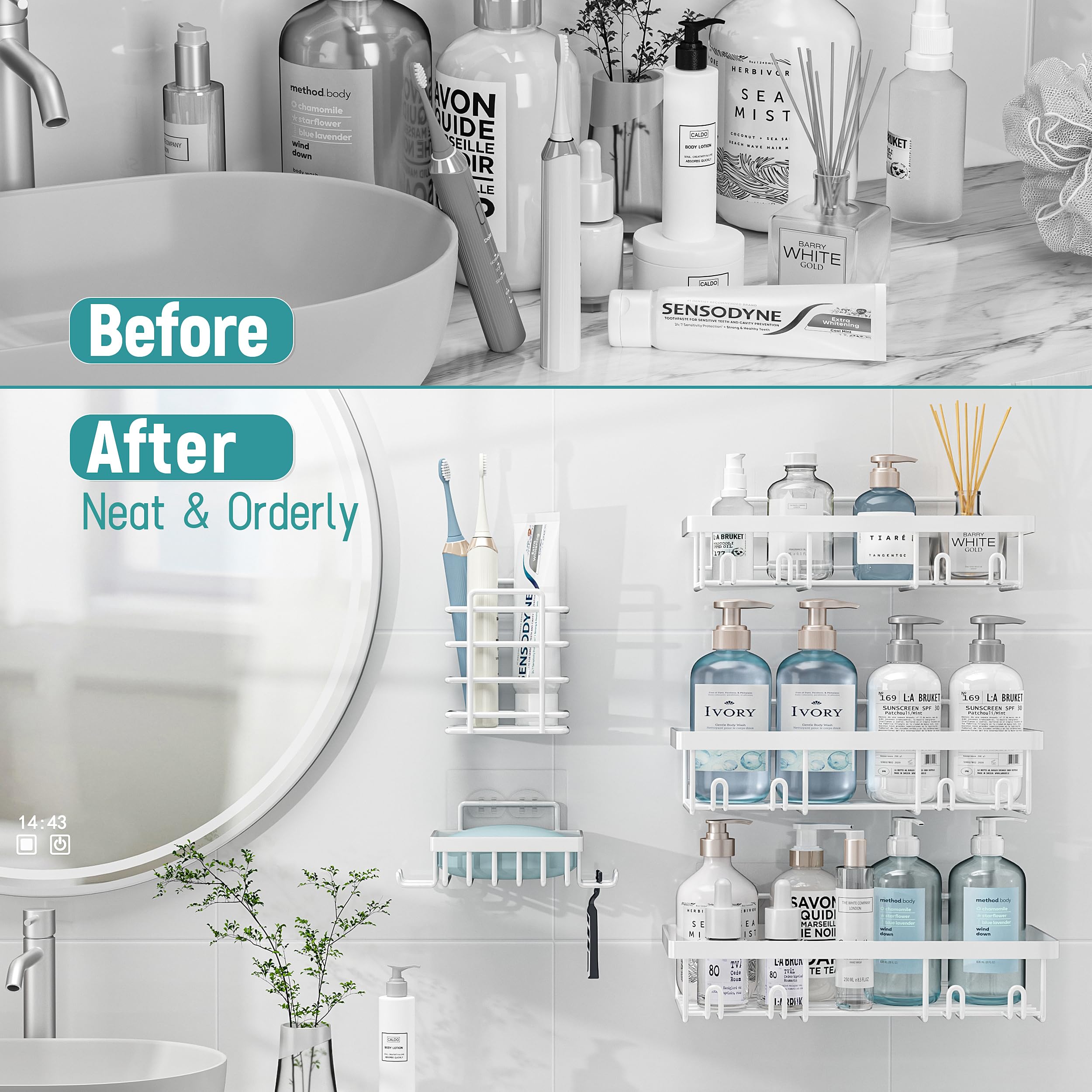 Shower Caddy Organizer Rack Shelf for Inside Shower, Adhesive Bathroom Wall Storage Basket Rustproof Stainless Steel