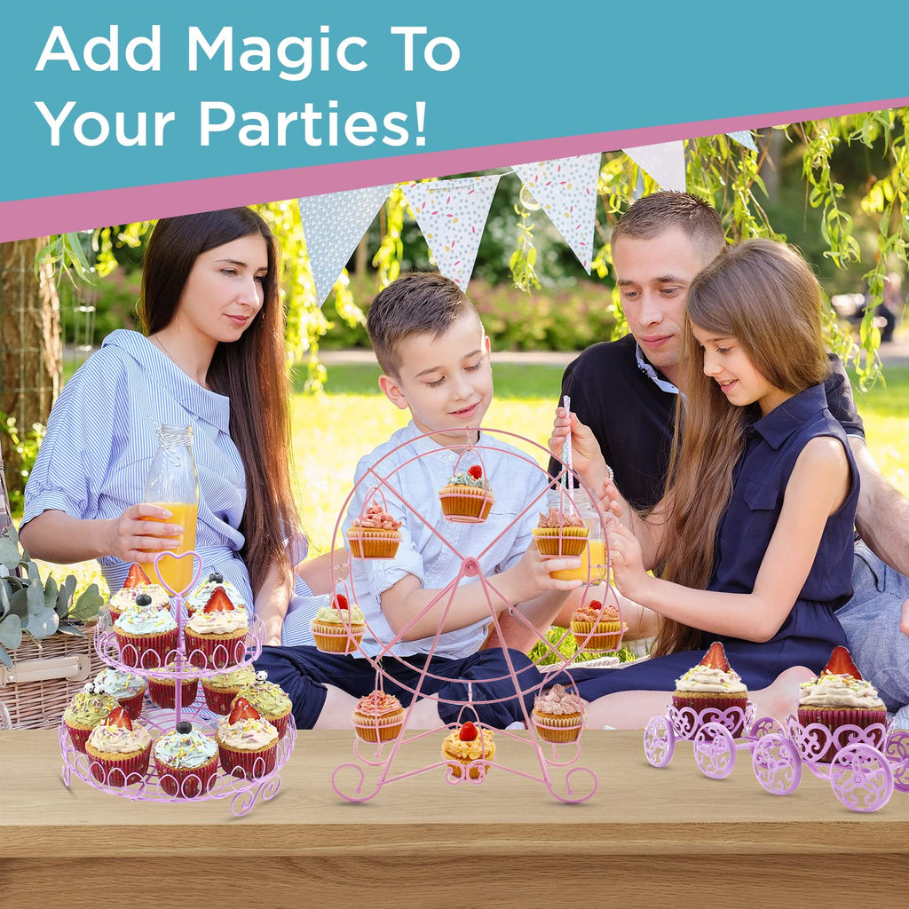 Ferris Wheel Cupcake Stand - Decorative Cupcake Holder for Parties - Spinning Display for Serving Pastry, Treats & Desserts - Easy-to-Clean, Fits 8 Medium Cupcakes - 14x4x17