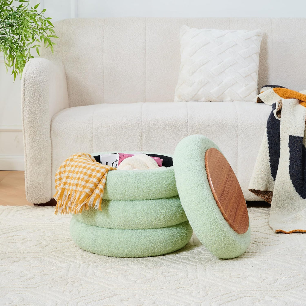 Round Storage Ottoman, Modern Sherpa Footstool with Flip-Top