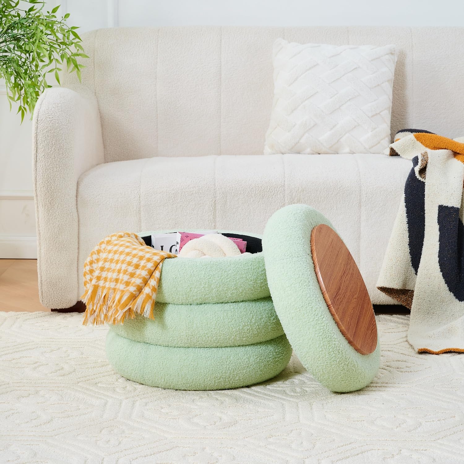 Round Storage Ottoman, Modern Sherpa Footstool with Flip-Top