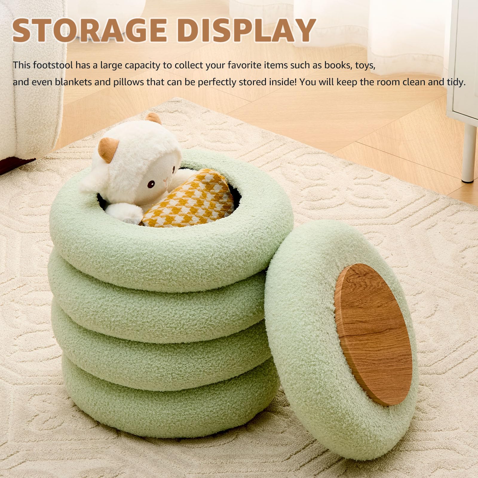 Round Storage Ottoman, Modern Sherpa Footstool with Flip-Top