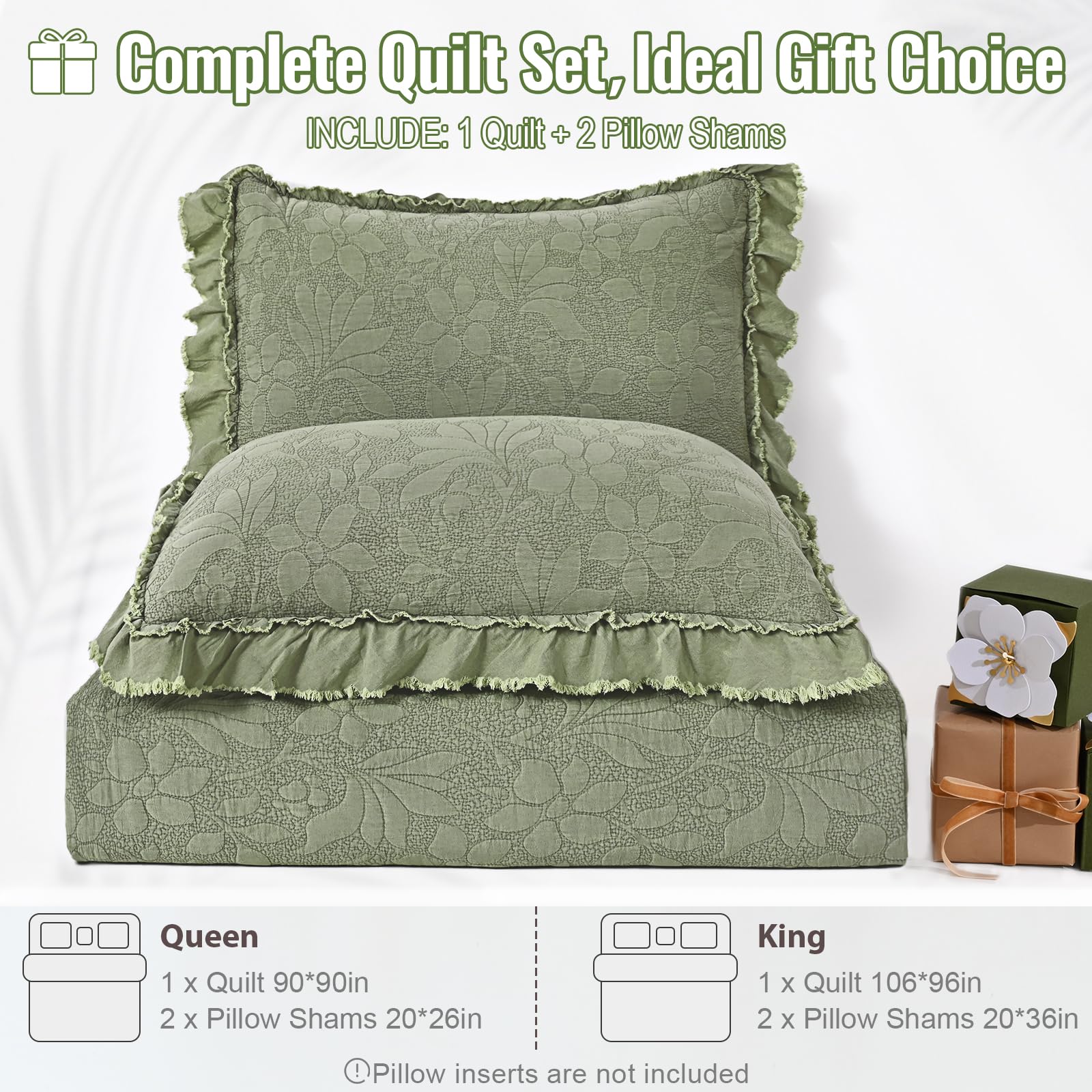 Ruffled Floral Quilts Soybean Fiber Filling Bedding Set 3 Piece, Stone-Washed Microfiber Shabby Chic Lightweight Soft Bedspread