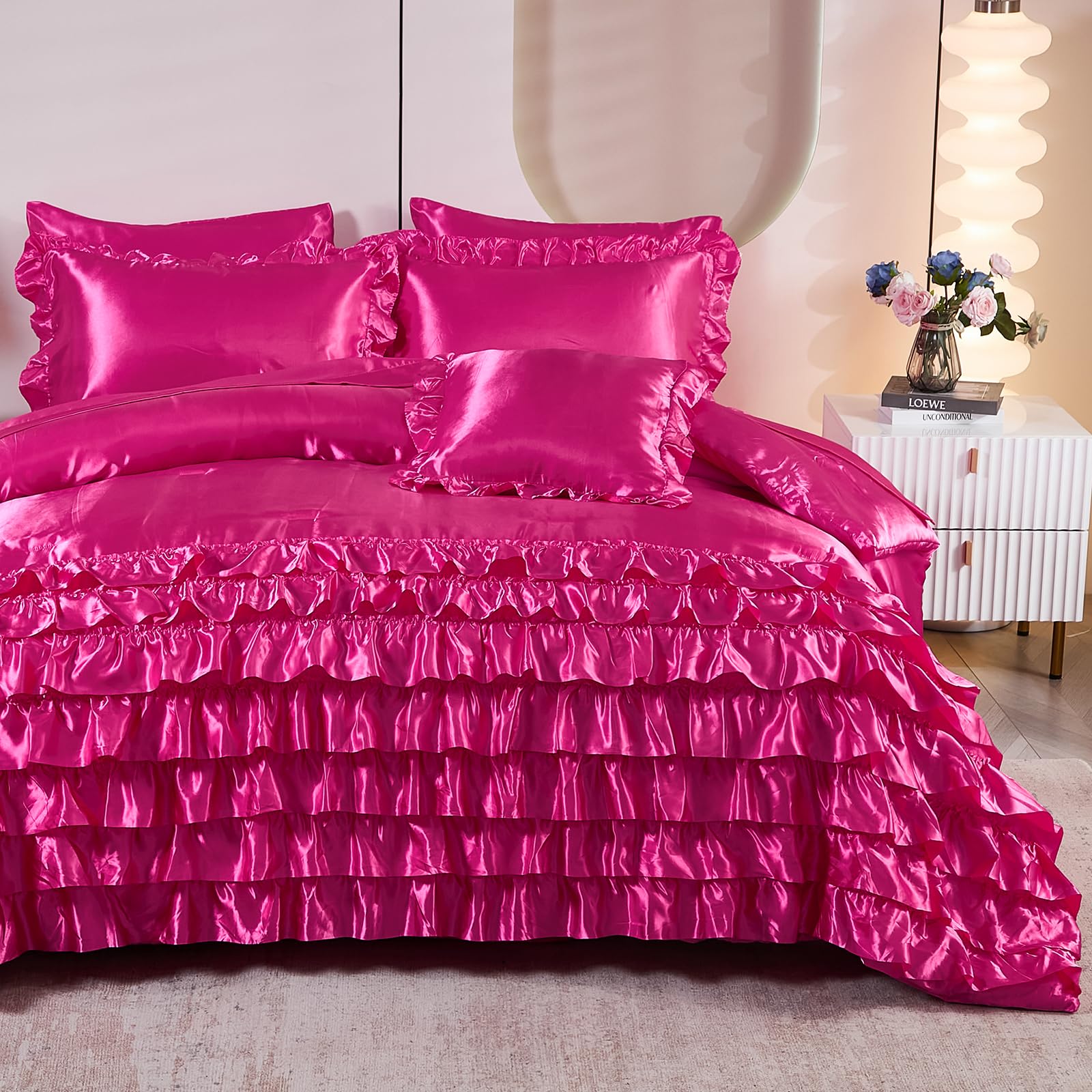 Ruffle Comforter Set 8 Pieces Satin Comforter Set with Sheet Set - Waterfall Ruffle Design Luxurious Silky Comforter Set