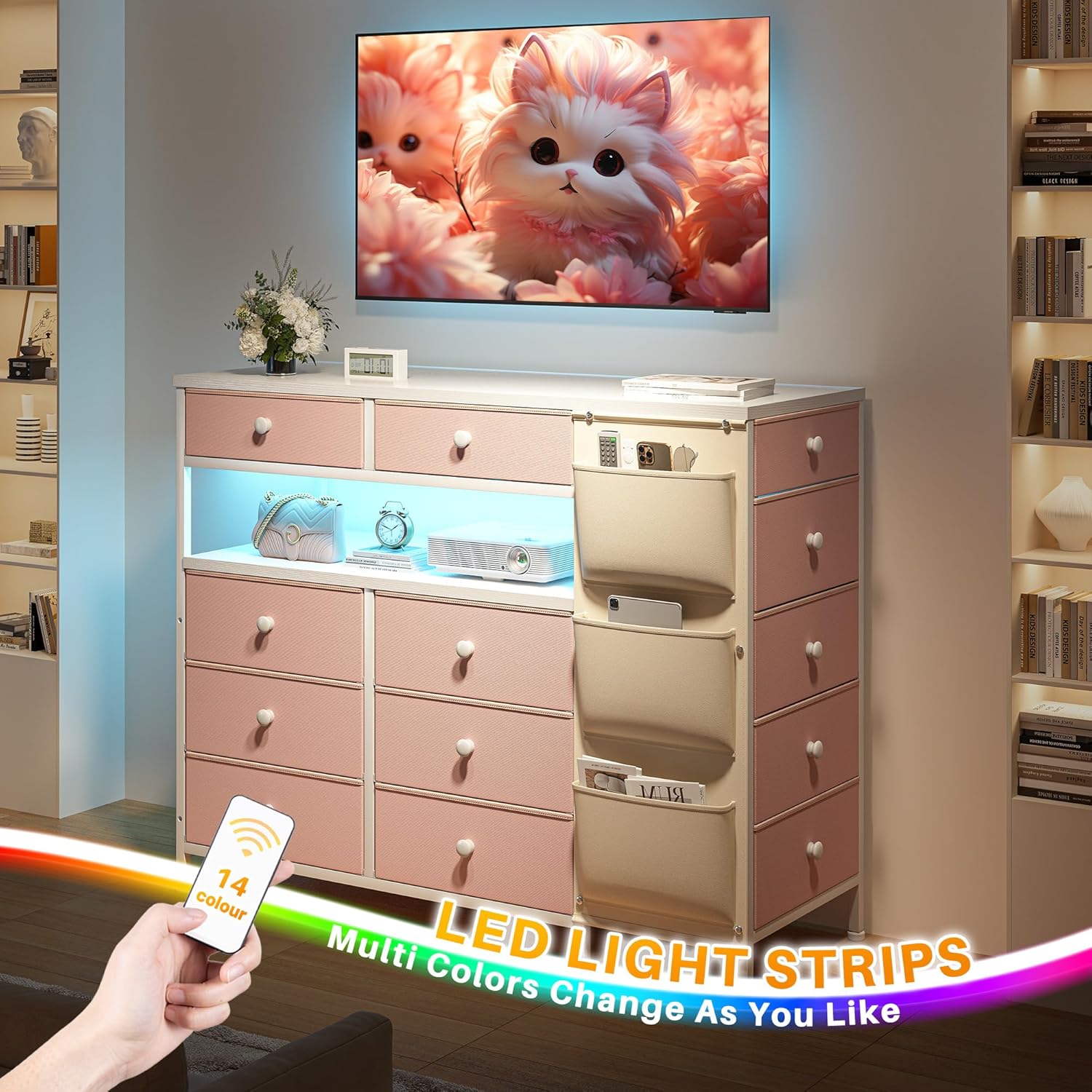 Pink Dresser For Bedroom With 13 Fabric Drawers And Led Lights, Closet Island With Drawers, Dressers & Chest Drawers