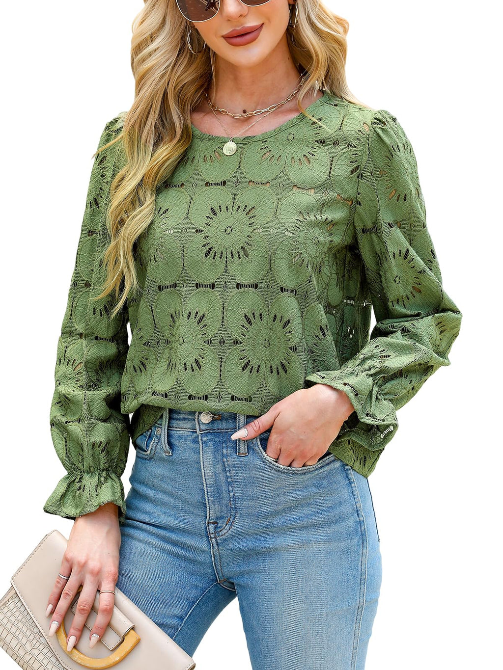 Women Eyelet Long Sleeve - Dressy Hollow Out Crochet Lace Embroidered Blouse