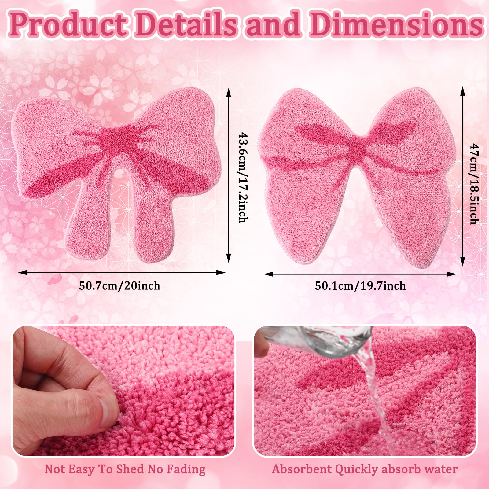 Pink Bow Bathroom Rugs Coquette Preppy Cute Bow Shaped Bath Mats Home Decor Non Slip Soft Plush Absorbent Washable Carpet, 19. 7" x 18. 5" 2 Pcs