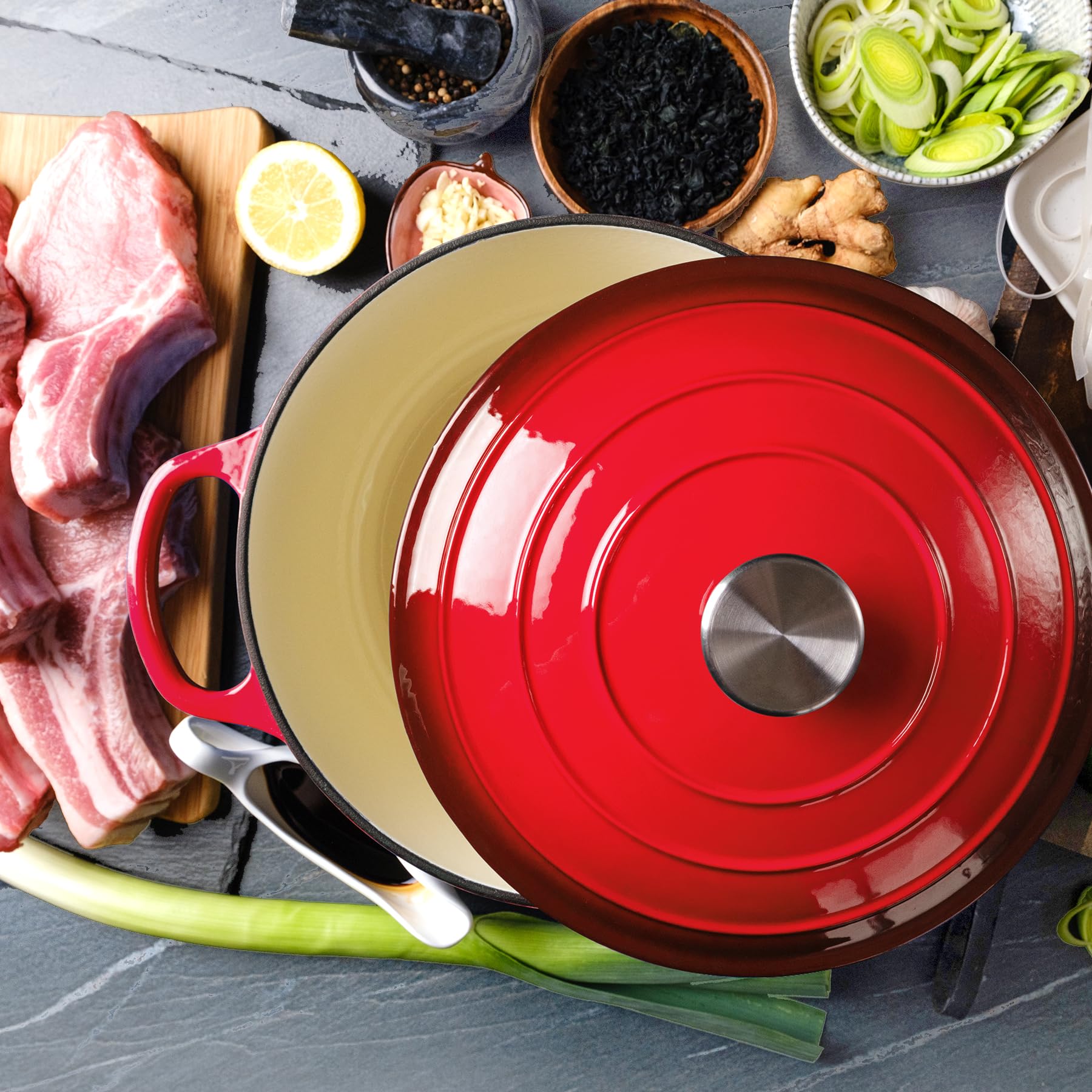 Enameled Cast Iron Dutch Oven with Lid - Big Dual Handles - Round Pot for Versatile Cooking 6 Quart