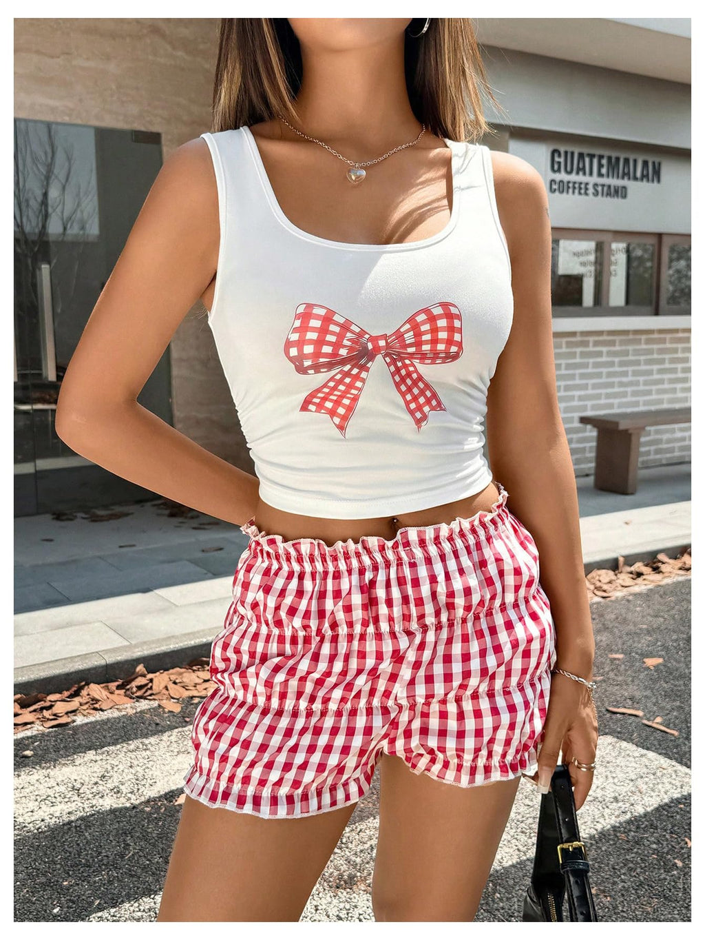 Women's Y2k 2 Piece Outfits Graphic Bow Crop Tank Top Gingham Ruffle Shorts Set Loungewear