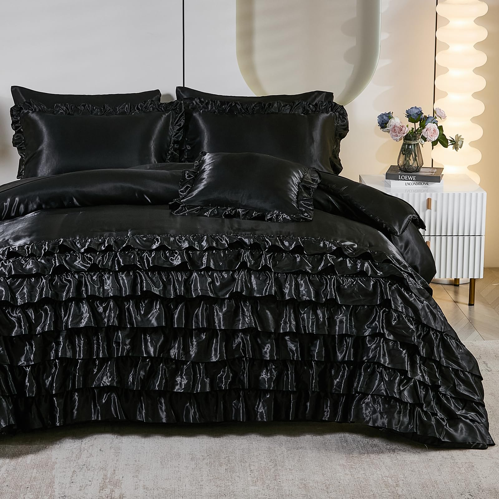 Ruffle Comforter Set 8 Pieces Satin Comforter Set with Sheet Set - Waterfall Ruffle Design Luxurious Silky Comforter Set