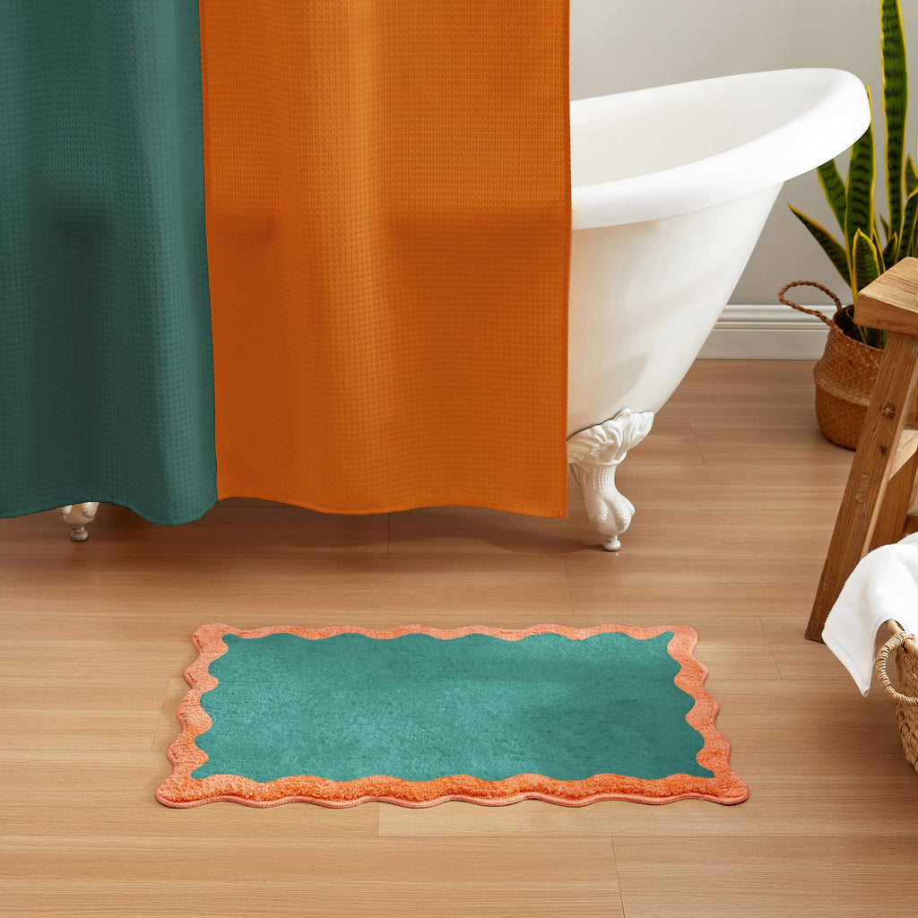 Wavy Bath Mat with Scalloped Ripple Design, Microfiber Absorbent Non Slip Tufted Rug