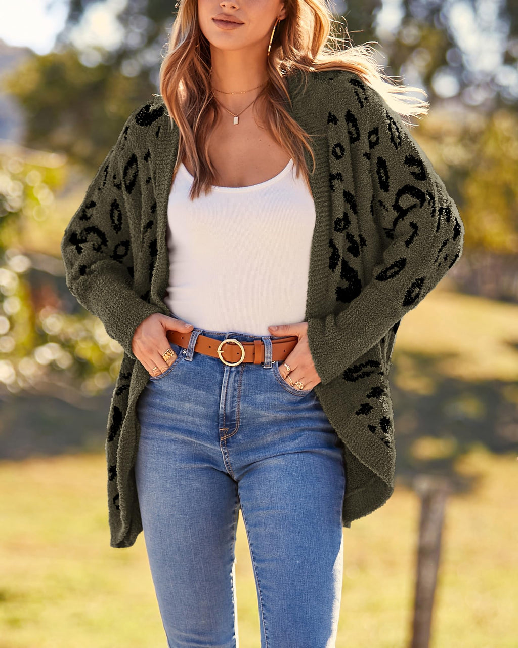 Women Fashion Leopard Print Long Sleeve Sweater Cardigan Loose Knit Open Front Fall Winter Outwear Coats