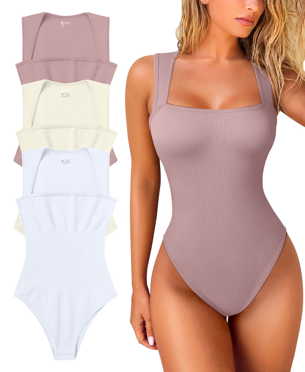 Women's 3 Piece Bodysuits Sexy Ribbed Strappy Square Neck Sleeveless Tummy Control Tank Tops Bodysuits