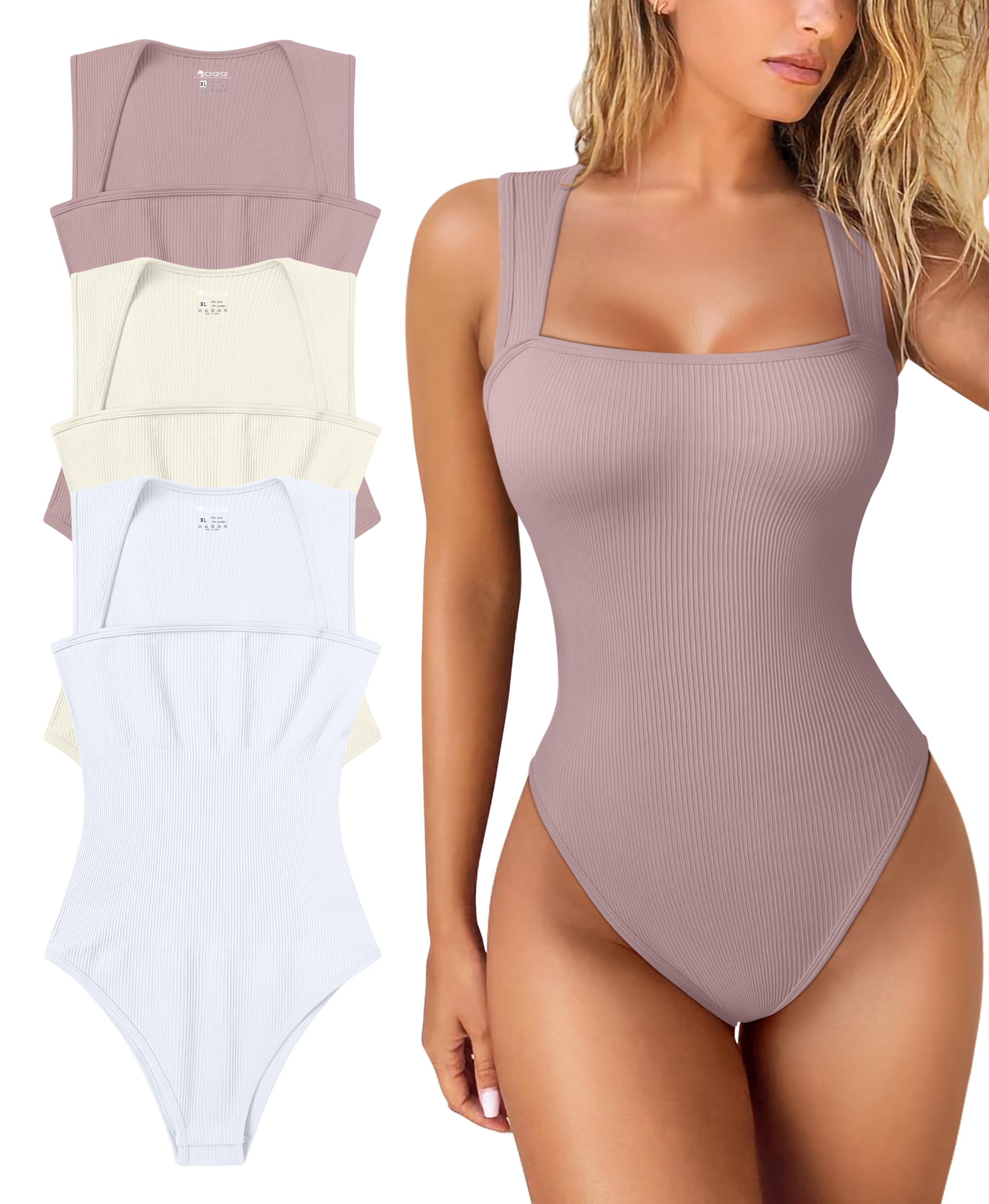 Women's 3 Piece Bodysuits Sexy Ribbed Strappy Square Neck Sleeveless Tummy Control Tank Tops Bodysuits