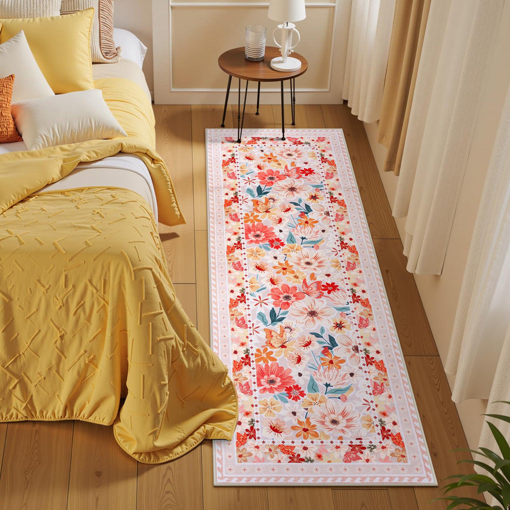 Floral Hallway Runner Rug, Runner Rugs Non Skid Washable, Low Pile Soft Boho Rugs
