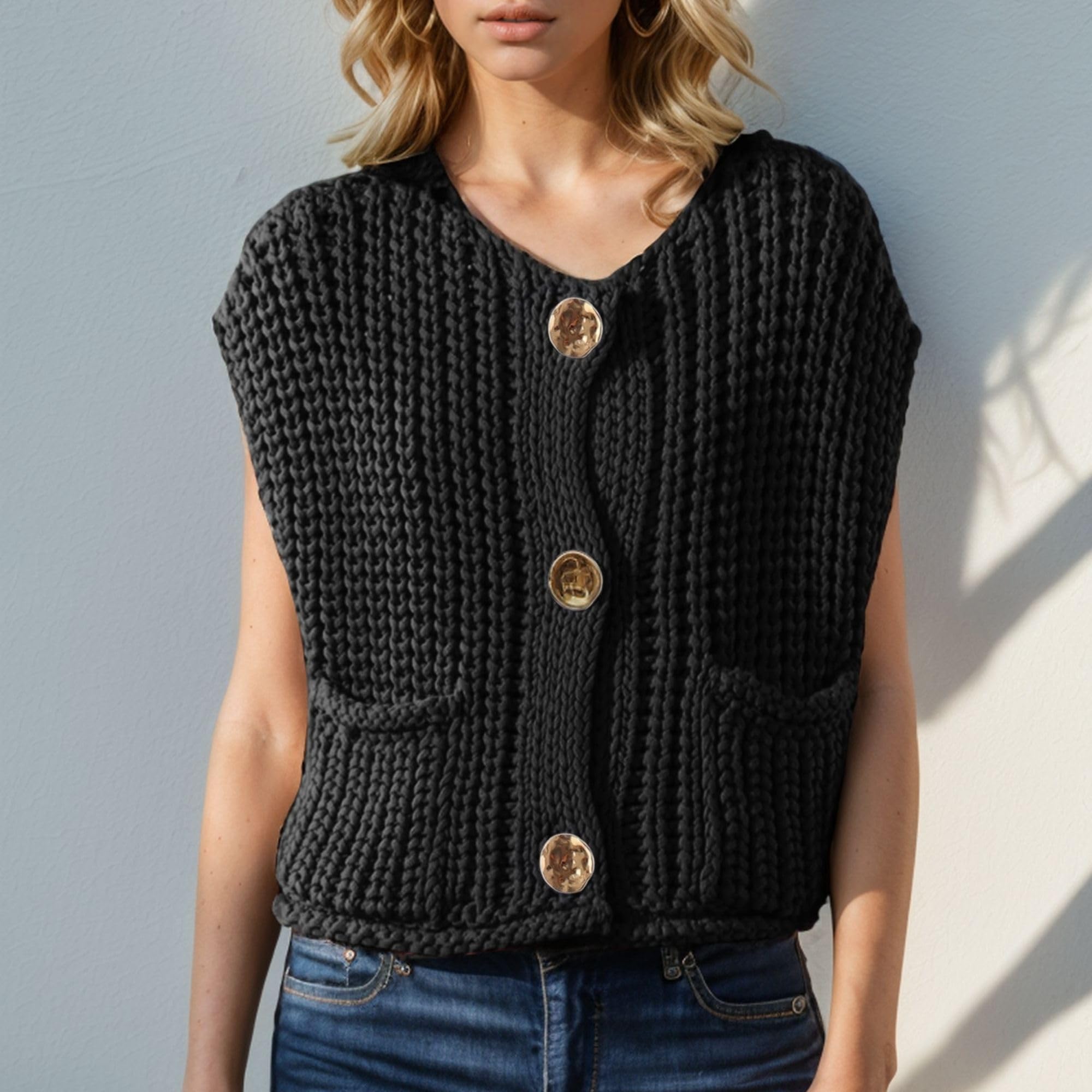 Women's Cropped Sweater Vest Cute Crewneck Button Down Sleeveless Crop Knit Cardigan with Pocket