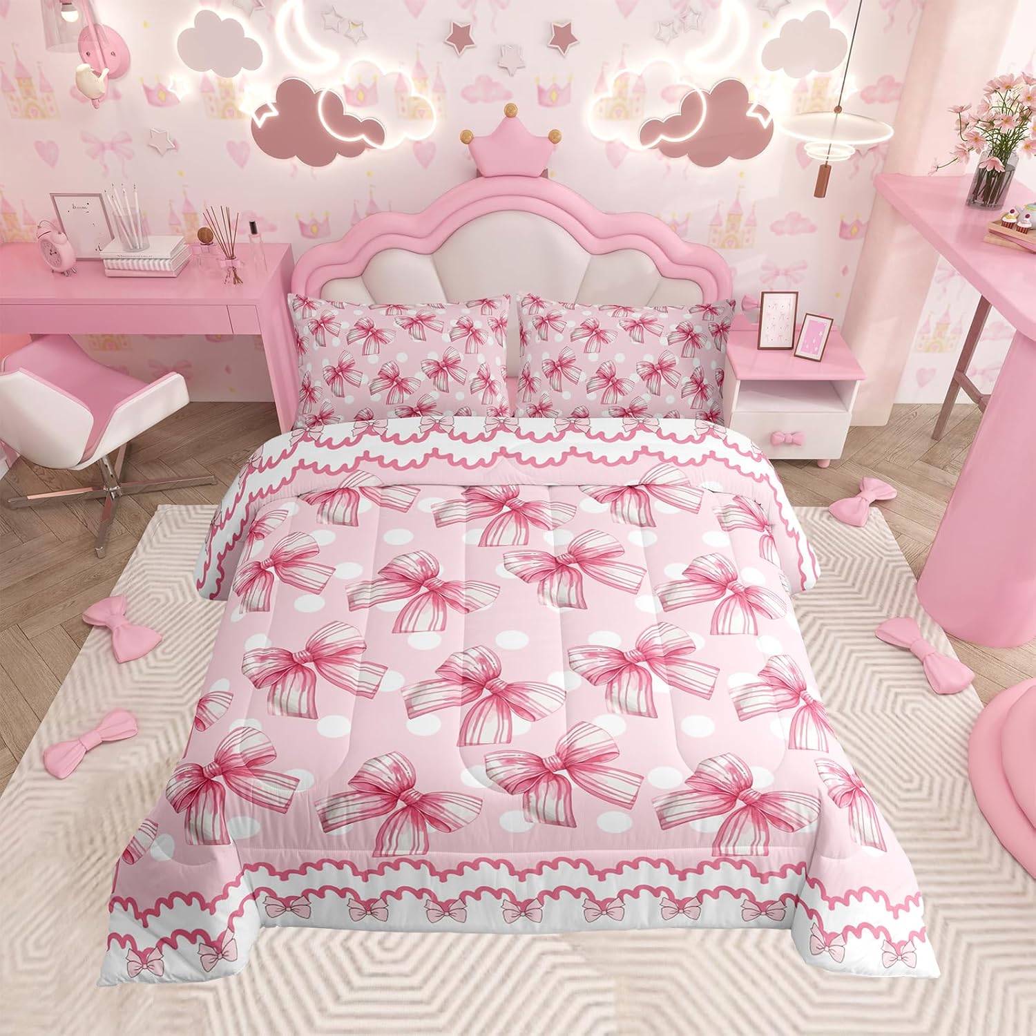 Floral Bowknot Comforter Set,Pink Bow Tie Print Bedding Set Cute Bow Flower Comforter Princess Style Bed Set for All Season