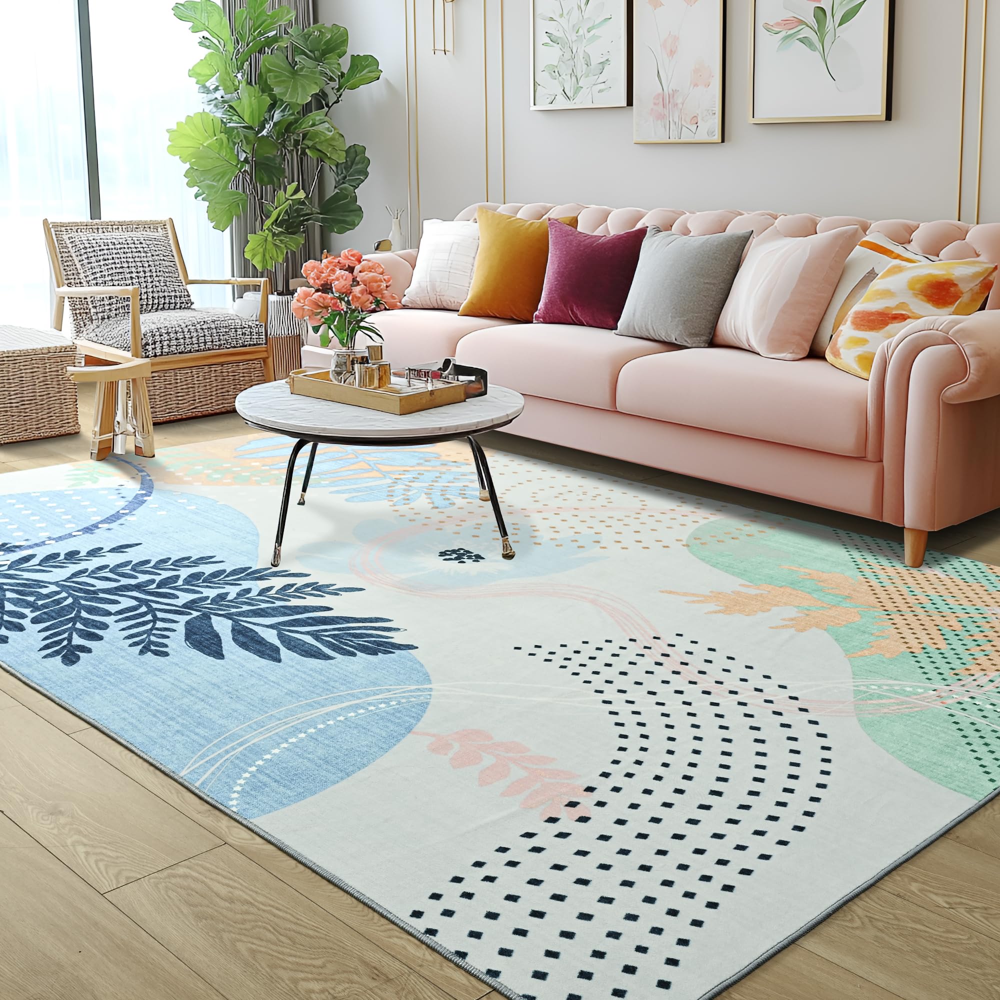 Faux Wool Boho Floral Area Rug Abstract Print Soft Carpet, TPR Non-Slip Backing, Machine Washable Low Pile Rug