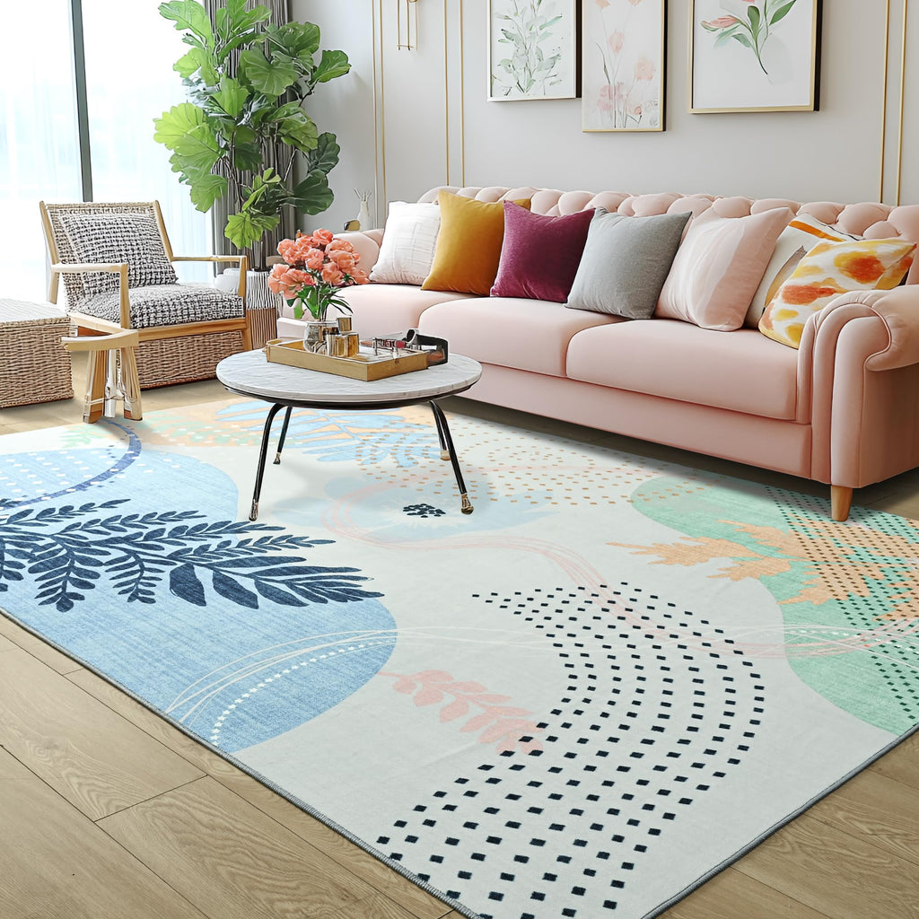 Faux Wool Boho Floral Area Rug Abstract Print Soft Carpet, TPR Non-Slip Backing, Machine Washable Low Pile Rug