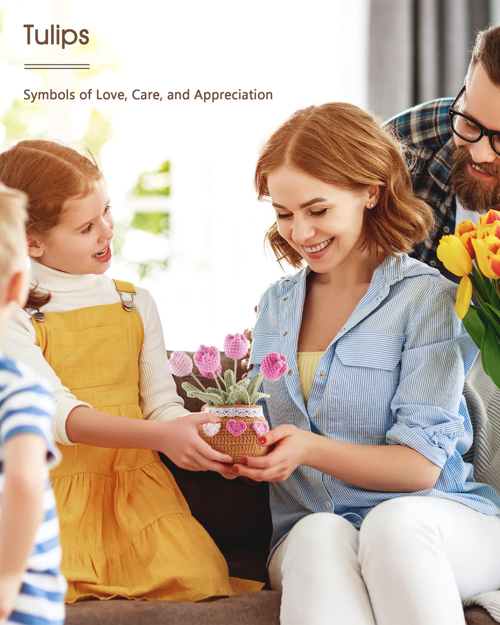 Crochet Tulip Potted Plant - Handmade Cotton Knitted Artificial Flowers, 6 Tulips Pot Plant with Bendable Leaves