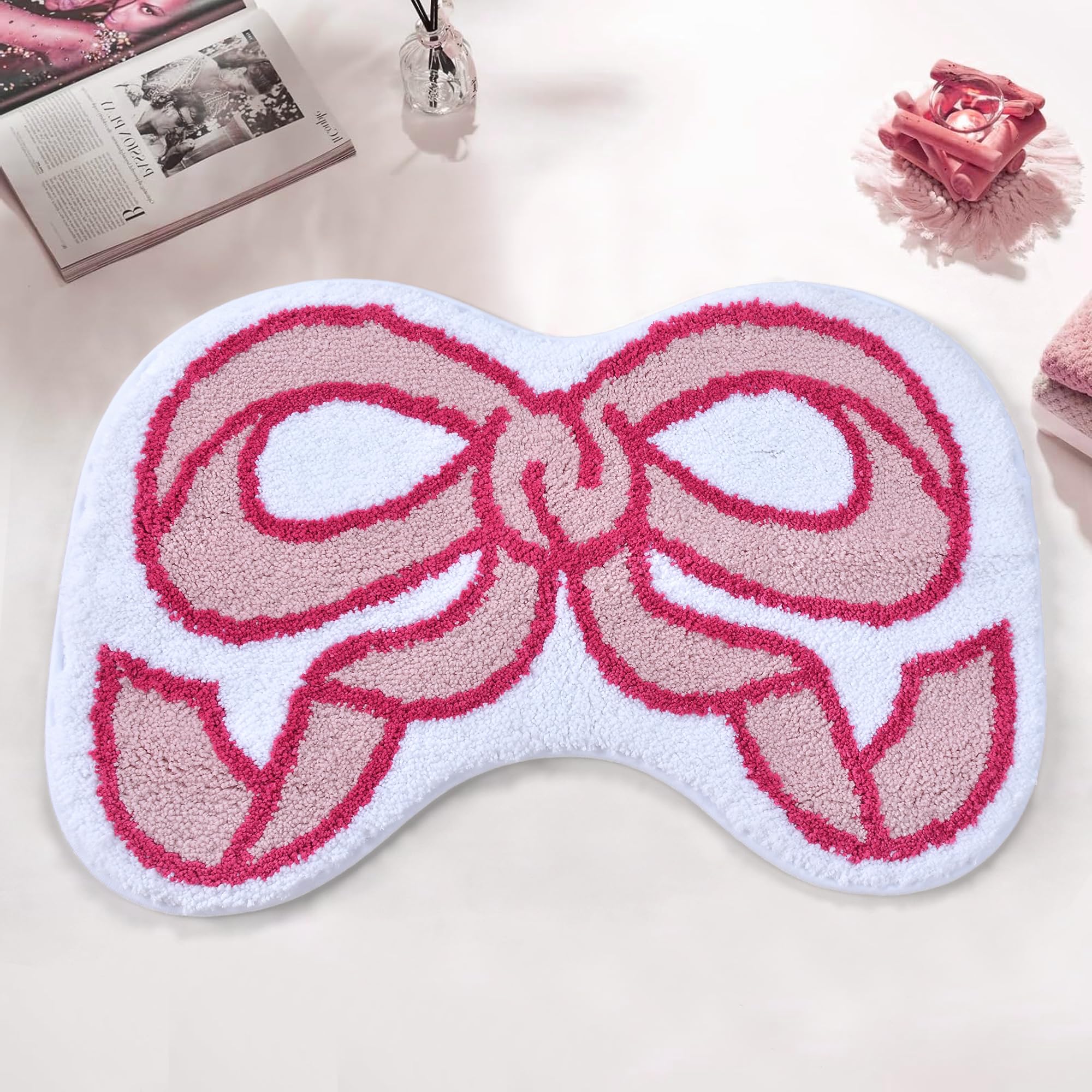 Coquette Bow Bath Mat Cute Bathroom Rugs Non Slip Absorbent Bath Rugs Bathroom Decor Machine Washable Floor Mats for Bathroom Tub Shower