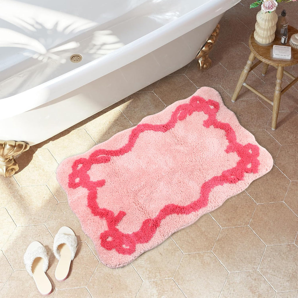 Coquette Bow Bathroom Mat Non Slip Bow Rug Cute Scallop Carpet Room Decor Microfiber Absorbent Bath Rug