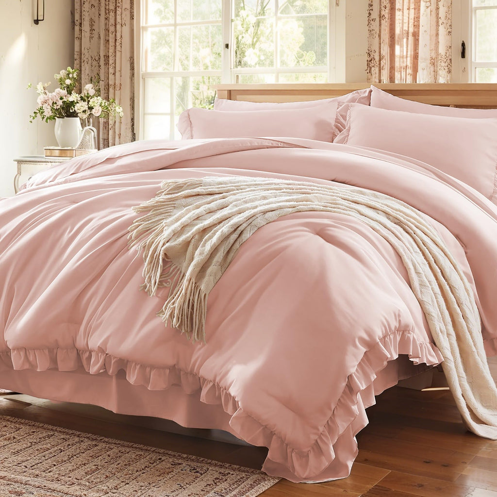 Comforter Set 7 Piece, Bed in a Bag with Sheets, All Season Ruffle Shabby Chic Bedding Sets with 1 Comforter, 2 Pillow Shams, 2 Pillowcases, 1 Flat Sheet, 1 Fitted Sheet
