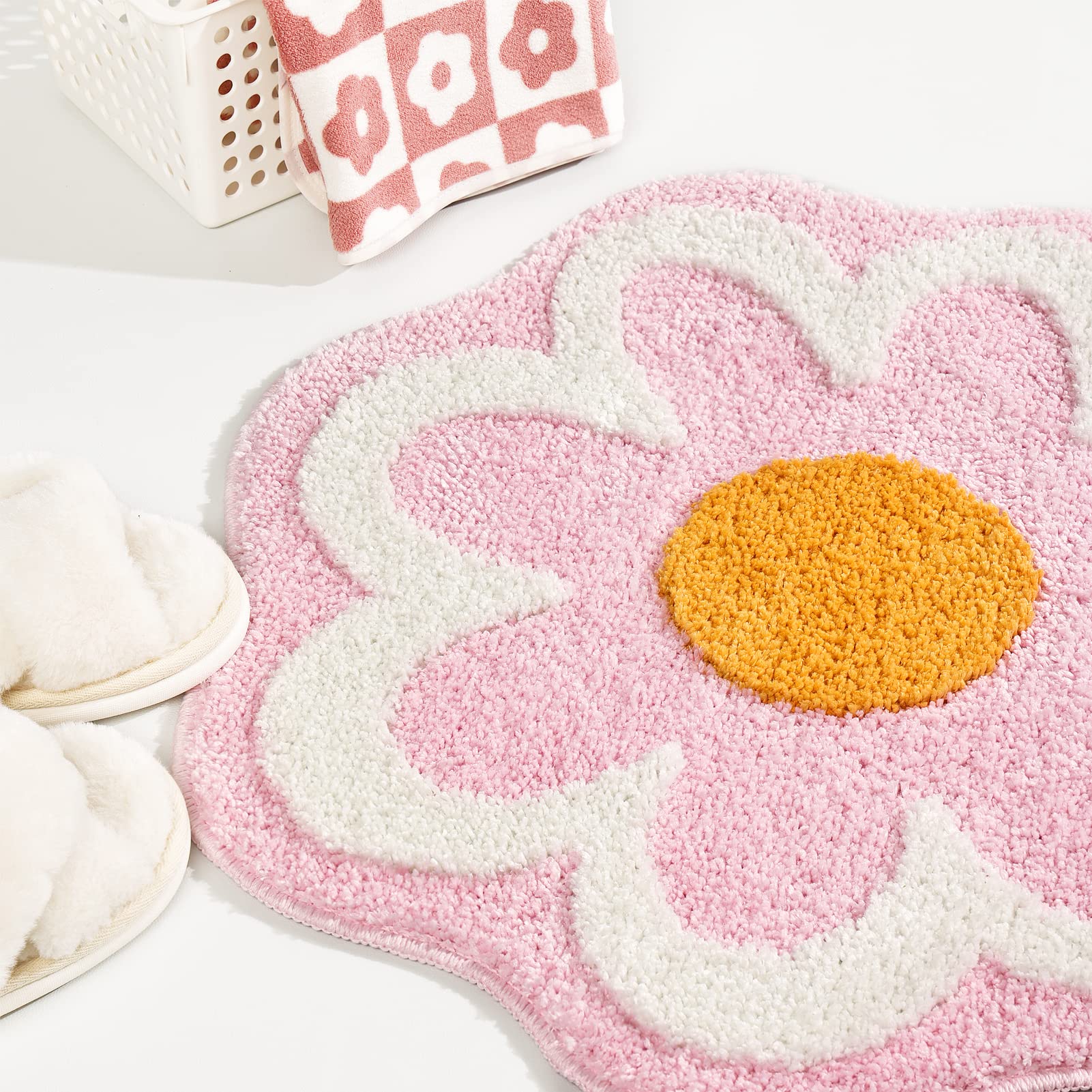Cute Flower Bath Mat, Machine Washable Bath Rug, Ultra Soft and Fluffy Bathroom Mat, Small Round Non-Slip Water Absorbent Bath Mats for Bathroom Floor, Shower Room and Bathtub