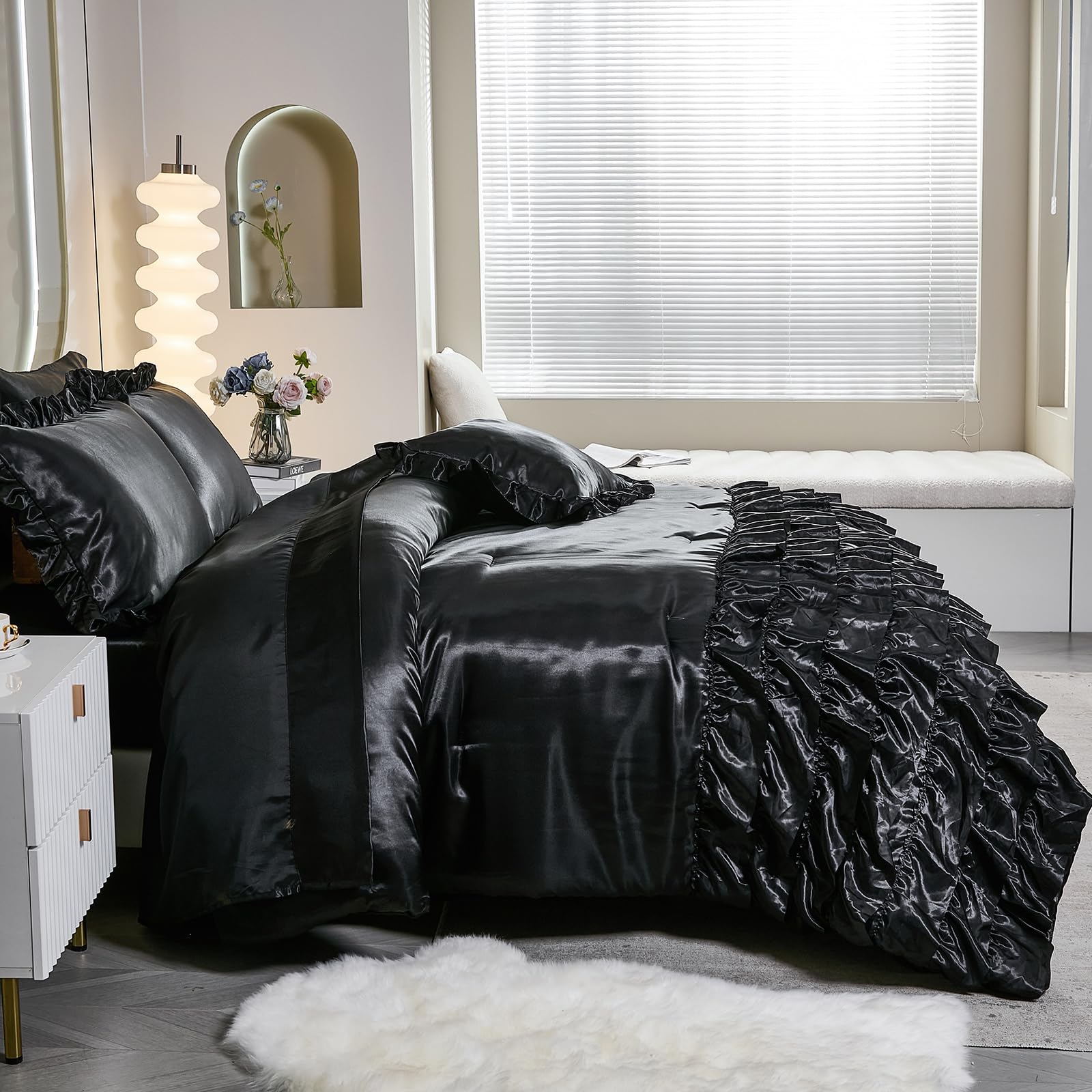 Ruffle Comforter Set 8 Pieces Satin Comforter Set with Sheet Set - Waterfall Ruffle Design Luxurious Silky Comforter Set