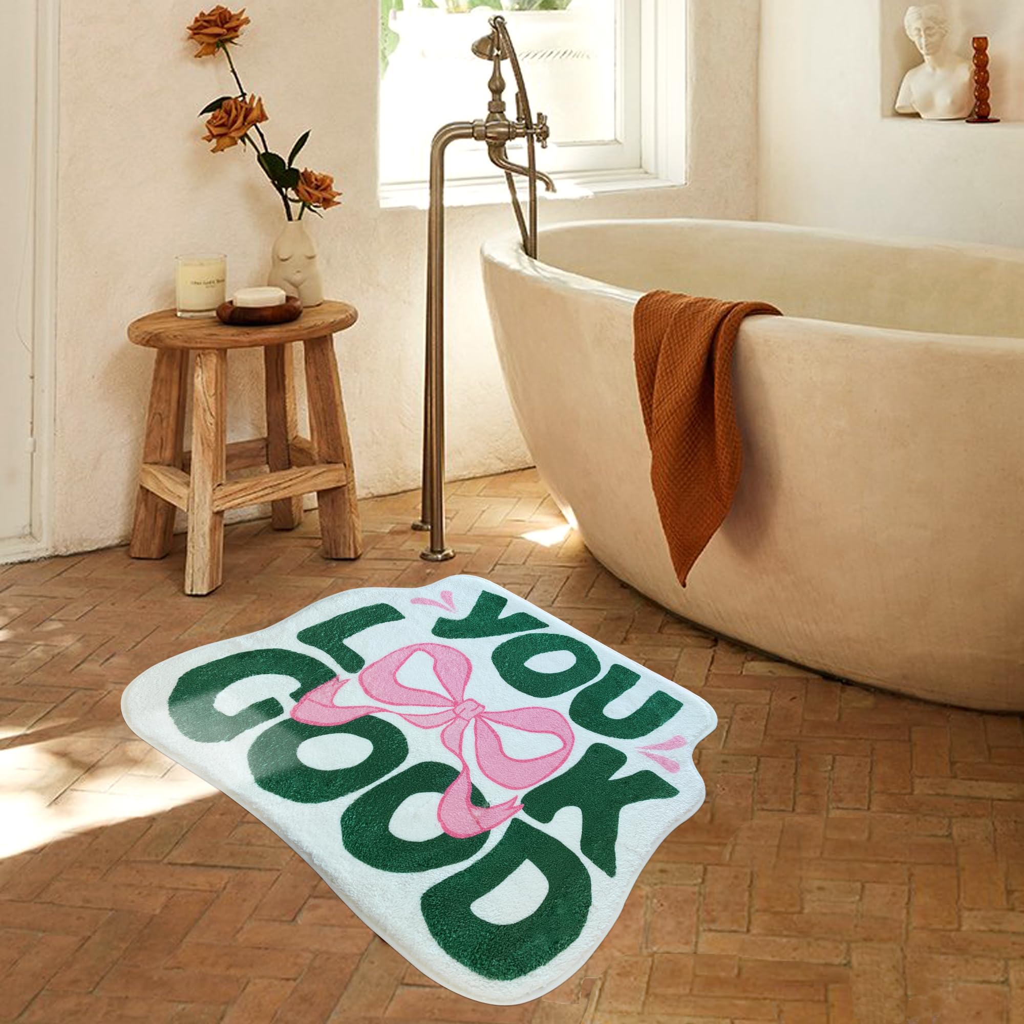 You Look Good Bath Mat Cute Bow Funny Bathroom Rug, Soft Absorbent Water Non Slip, Superior Washable Microfiber Cool Shower Preppy Decor Rug (21"x25")