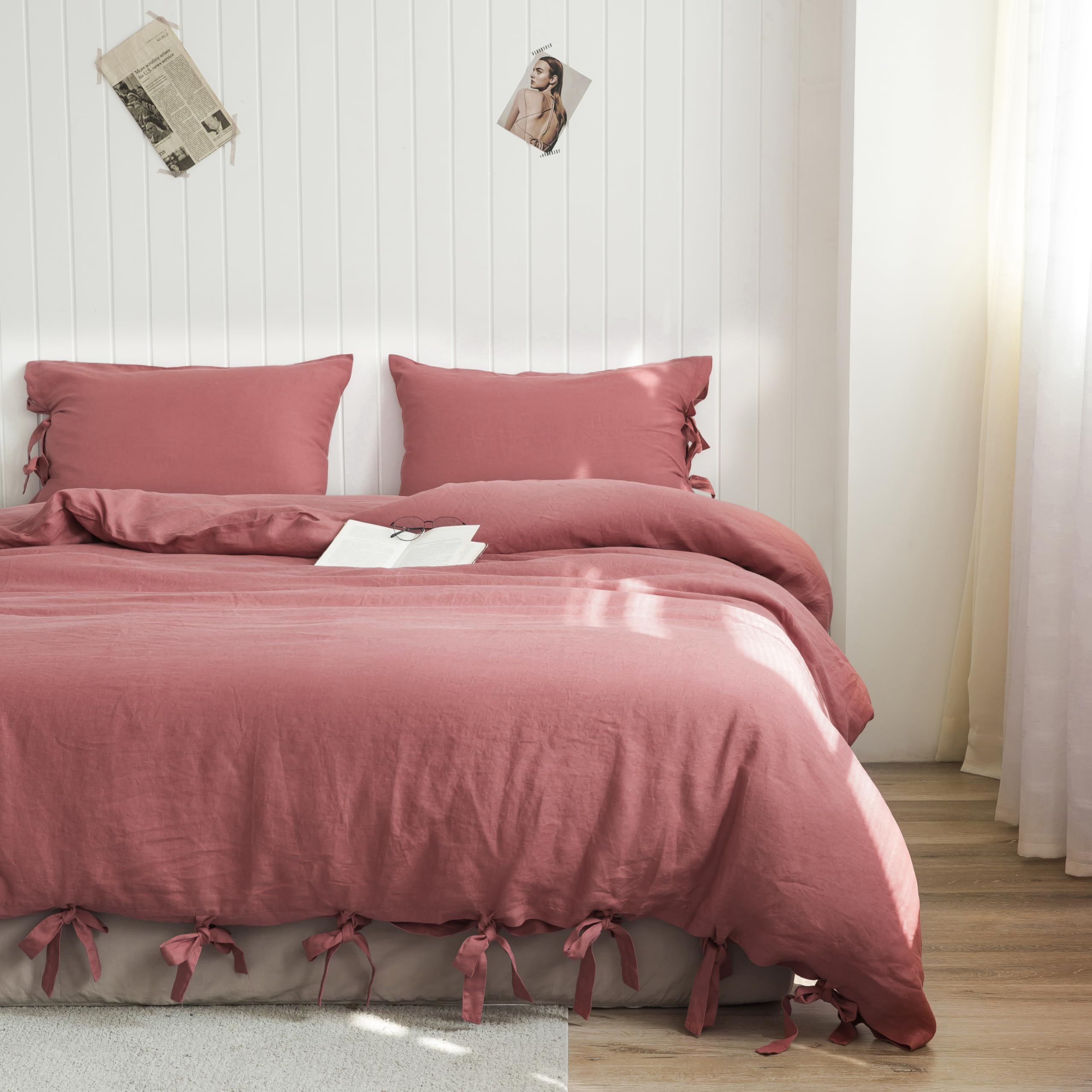 The 100% Linen Duvet Cover Set, 3 Pieces Belgian Flax Breathable Bedding,(1 Comforter Cover+2 Pillowshams) with Tie Closure Style