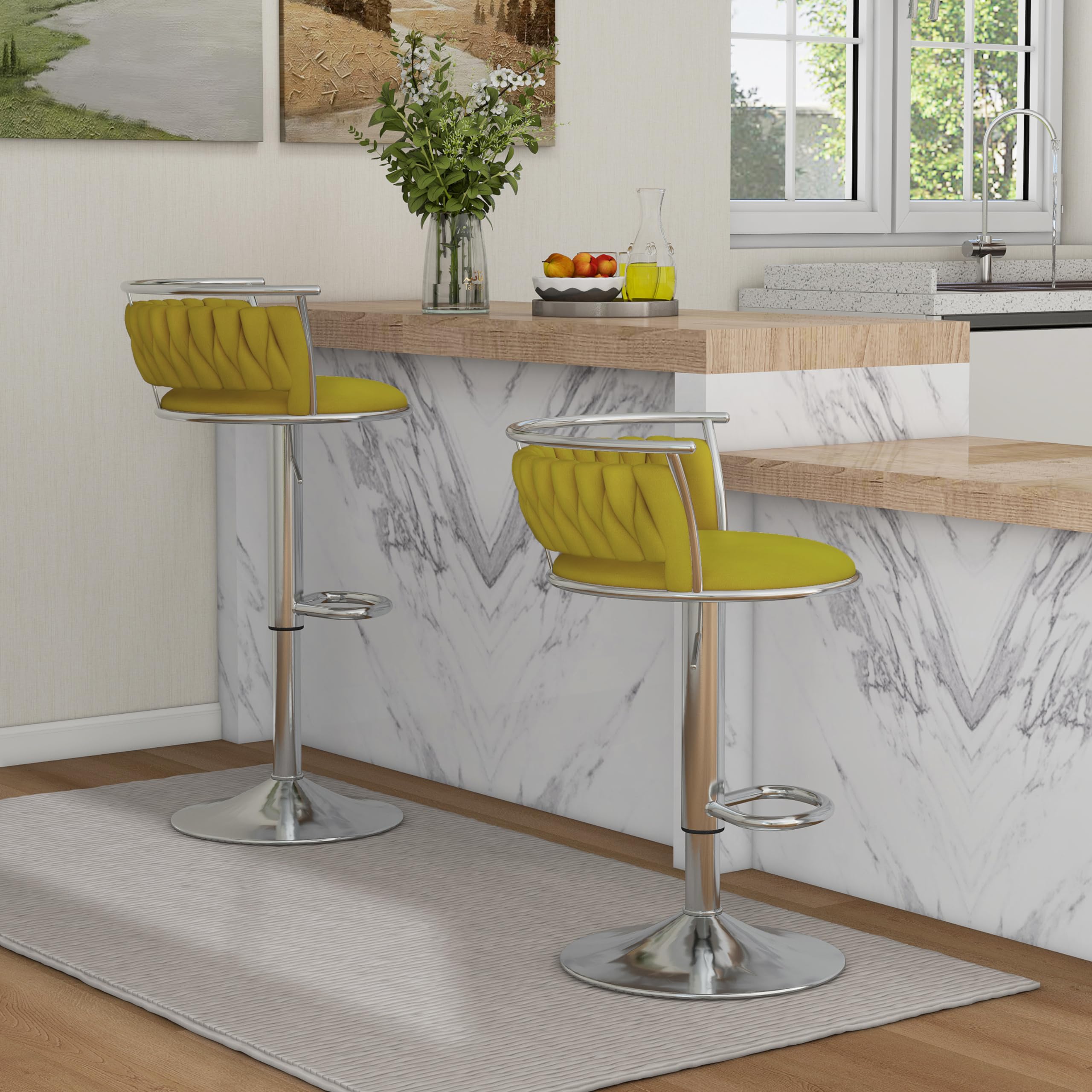 Velvet Swivel Bar Stools, Adjustable Counter Height Bar Chairs with Low Back & Footrest, Modern Gold Bar Stools for Kitchen Island, Bar Pub