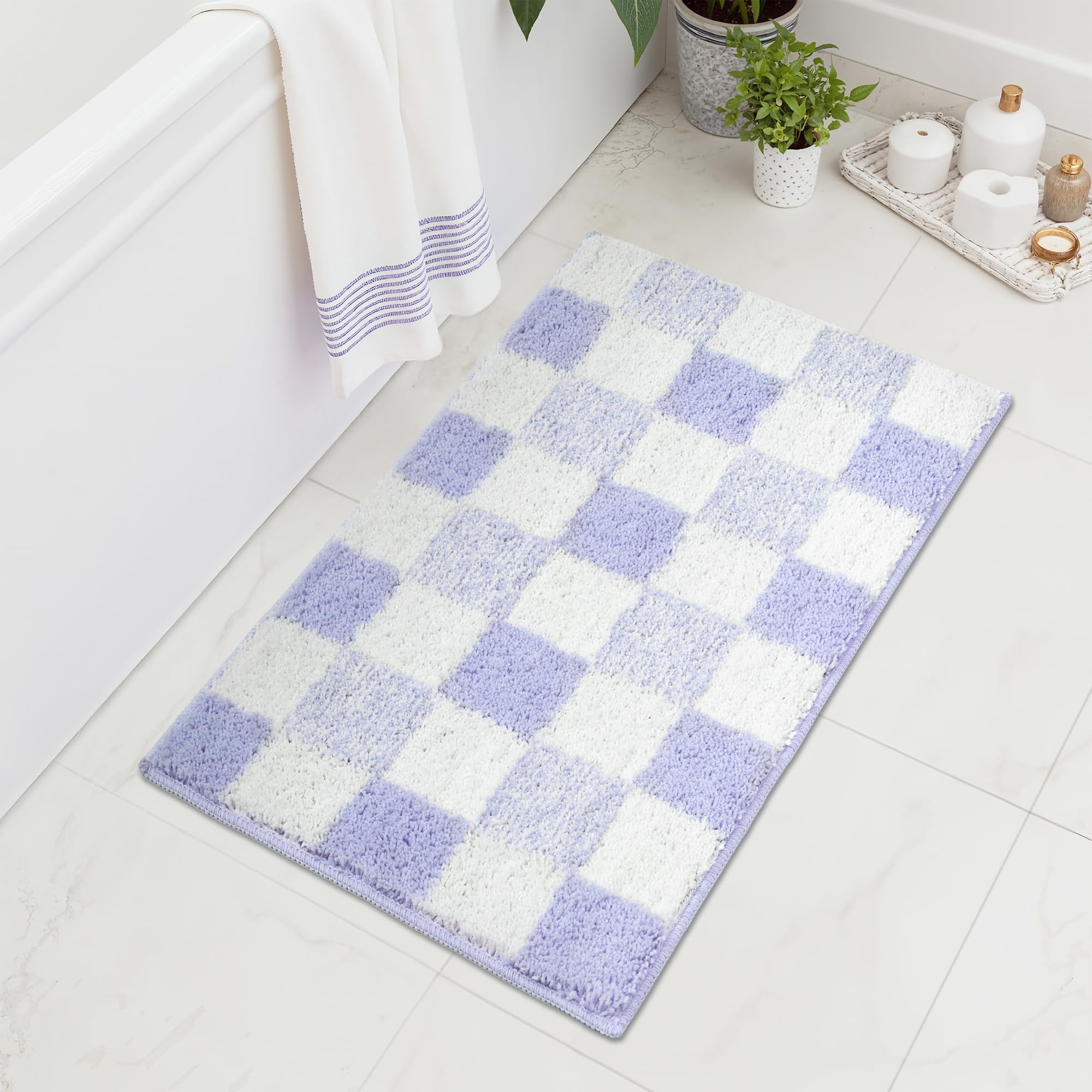 Checkered Bathroom Rugs, Fluffy Rug, Absorbent Microfiber Ultra Soft Bath Mat Washable, Non-Slip Bath Mats for Bathroom, Cute Floor Mat