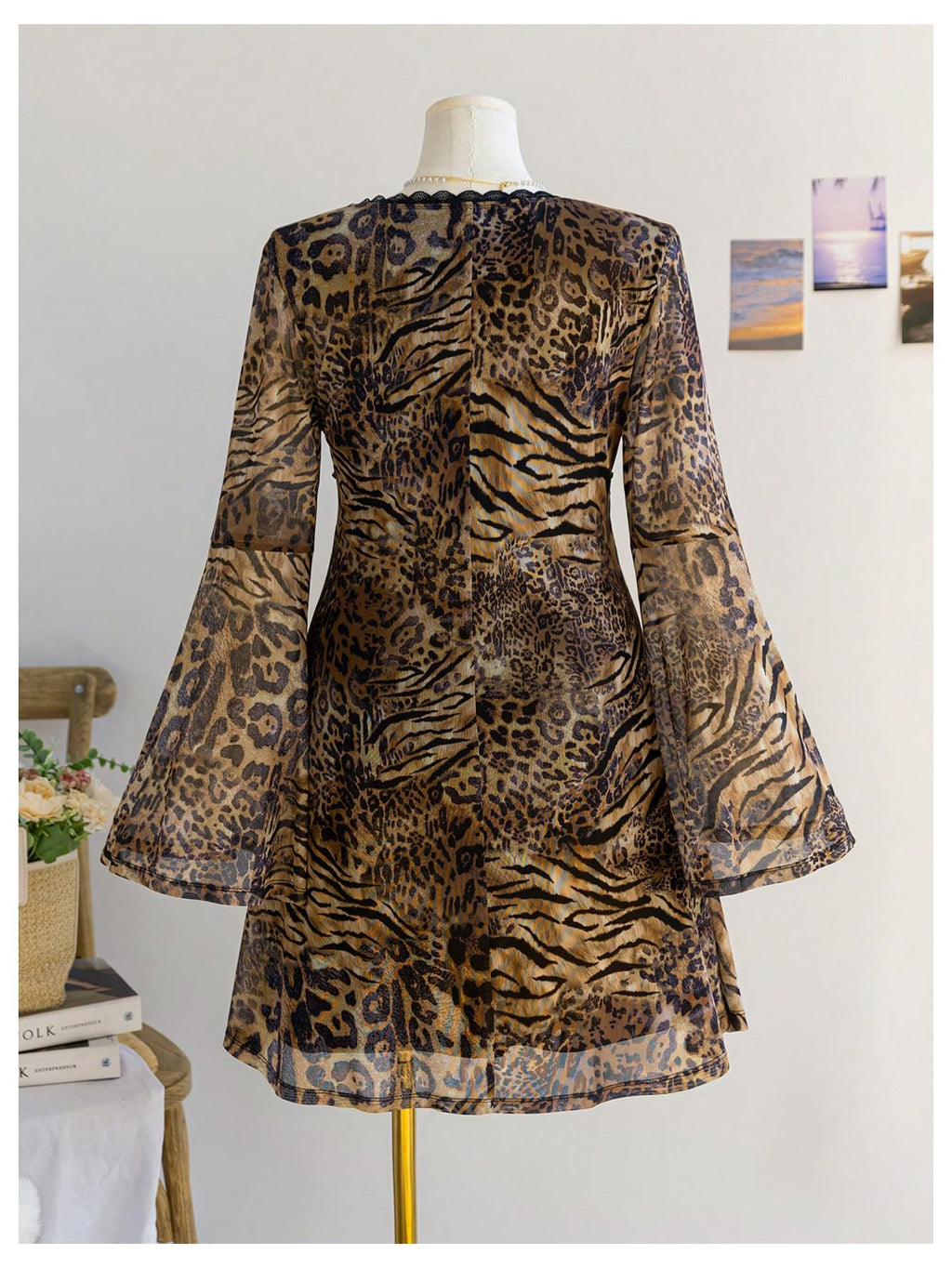Women's Plus Size Lace Leopard Print Bell Sleeve Bow Front Dress Mini