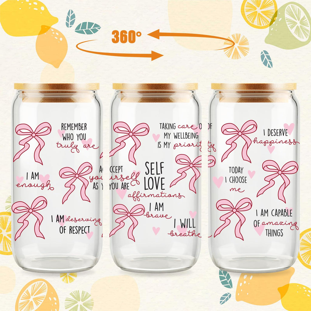 Cherry Bow Cup, Birthday Gifts for Women, Girly Gifts for Her, Sister, Mom, Colleague - 16 OZ Glass Tumbler with Straw & Lid, Coquette Iced Cup