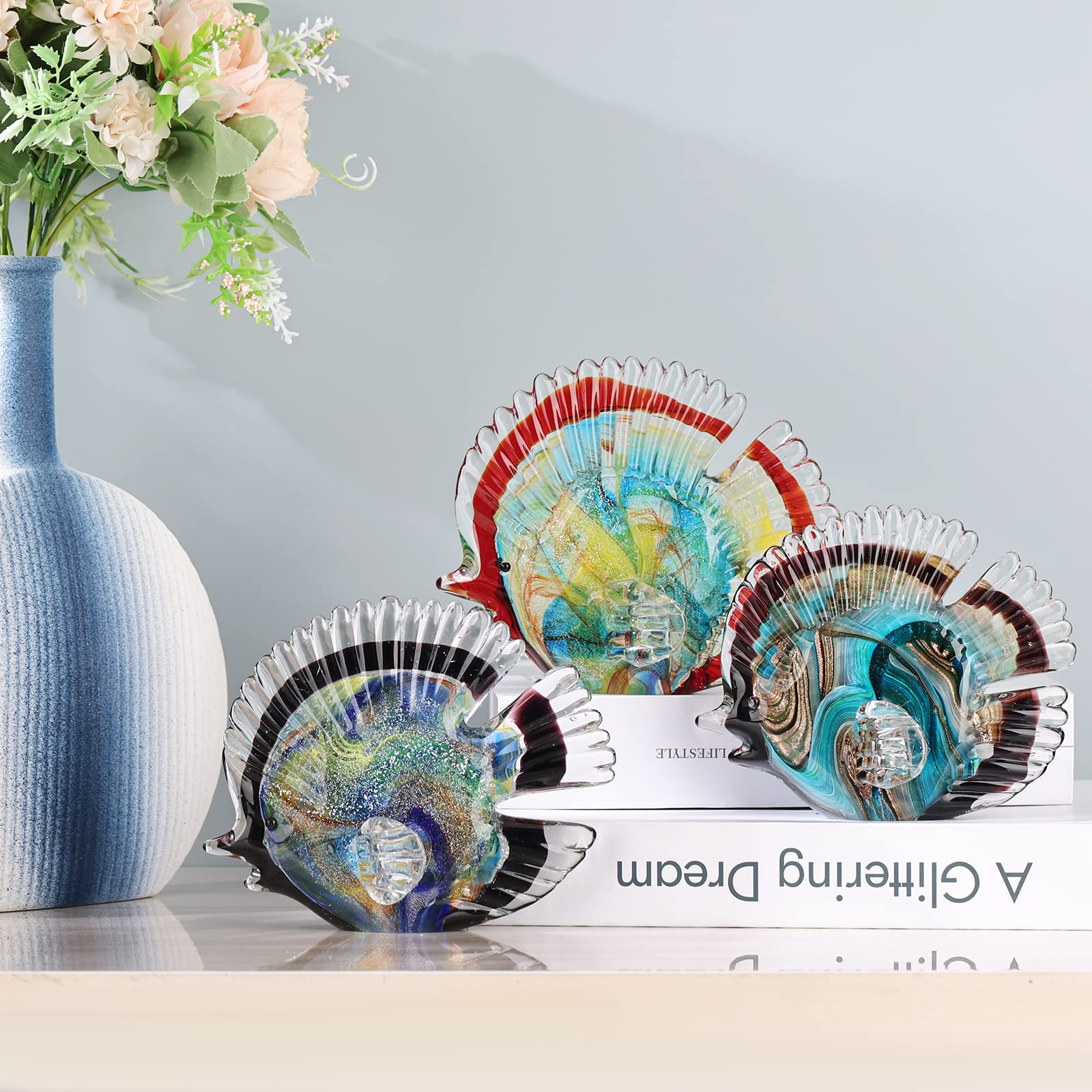 Hand Blown Glass Conch - Coastal Home Decor Conch Corners, Glass Art Conch Sculptures, Office Decor Blown Glass Art, Living Room Table Centerpieces, Bathroom Shelf Tops And Cabinet Decor