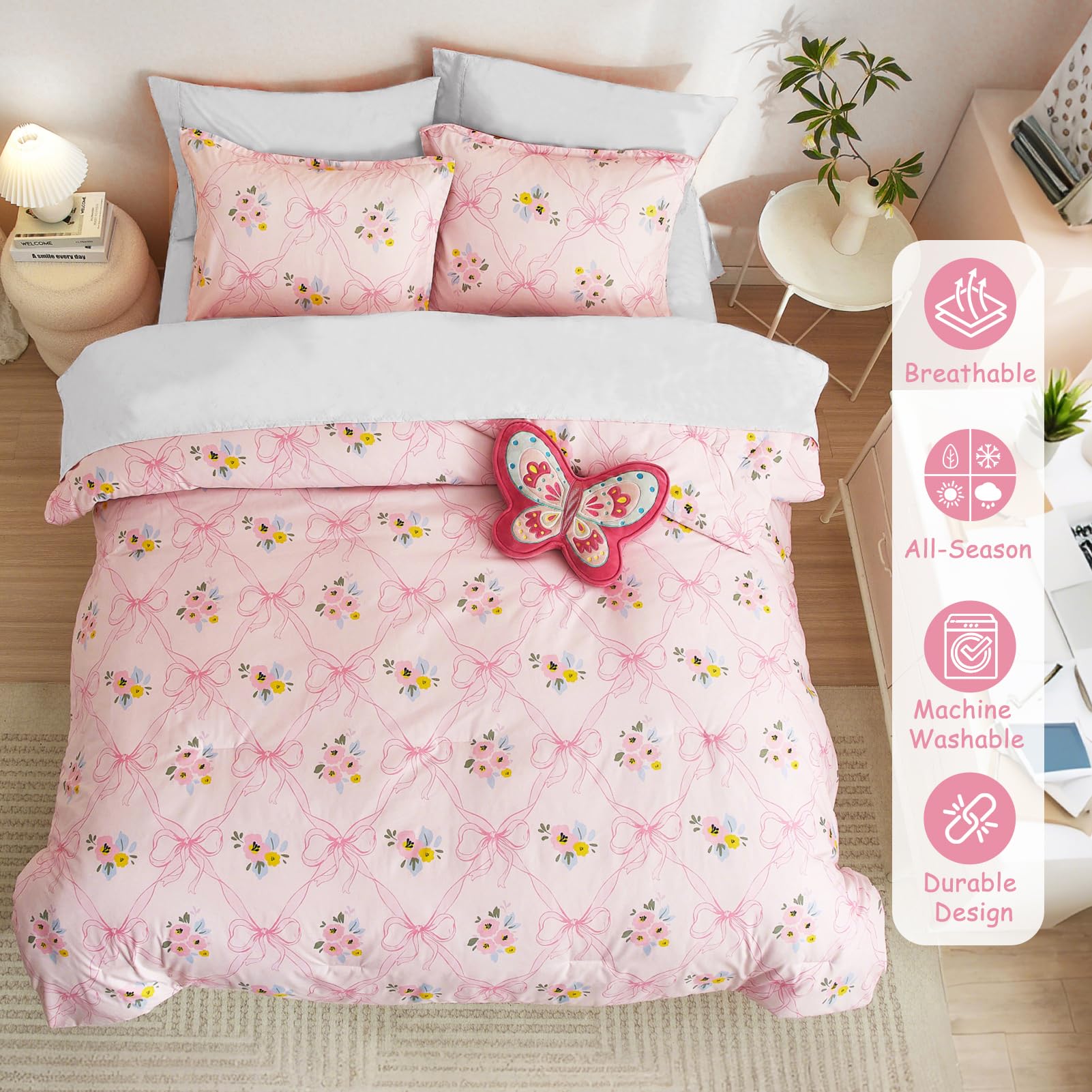 Pink Bow Comforter Set Comforter Set for Girls, 2 Pieces Bed in a Bag Cartoon Bow Tie Pattern, Floral Bedding Set