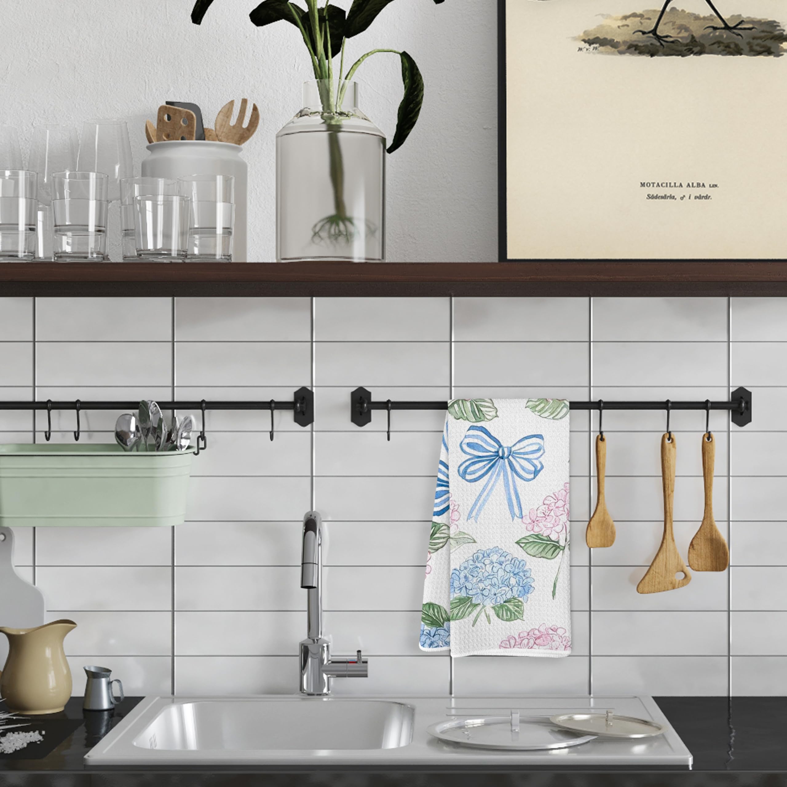 Coquette Bow Floral Kitchen Towels, Preppy Bow Dish Tea Towels for Kitchen Decor, Rustic Cottagecore Botanical Hand Towels for Bathroom Decor, 16x24 Inch