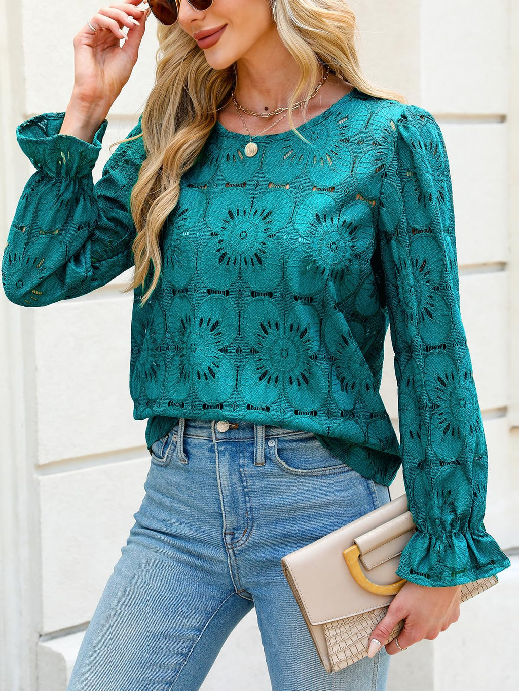 Women Eyelet Long Sleeve - Dressy Hollow Out Crochet Lace Embroidered Blouse