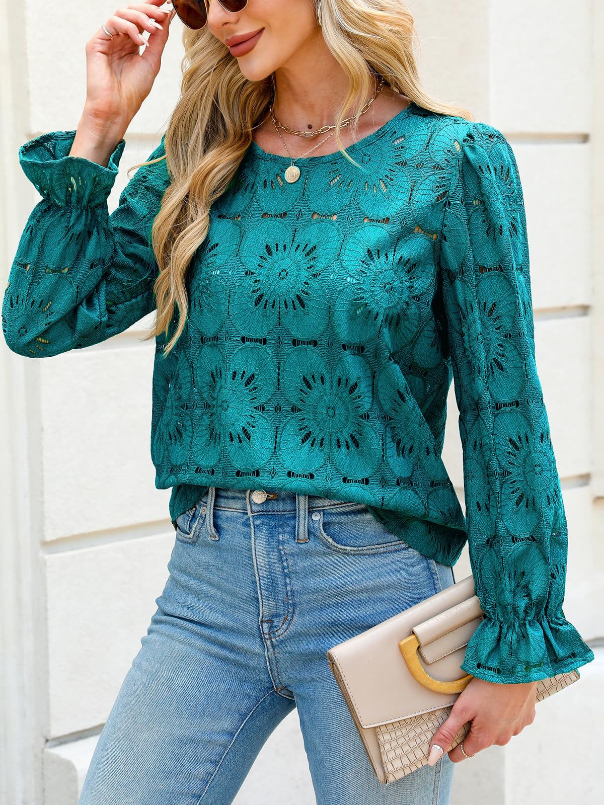 Women Eyelet Long Sleeve - Dressy Hollow Out Crochet Lace Embroidered Blouse