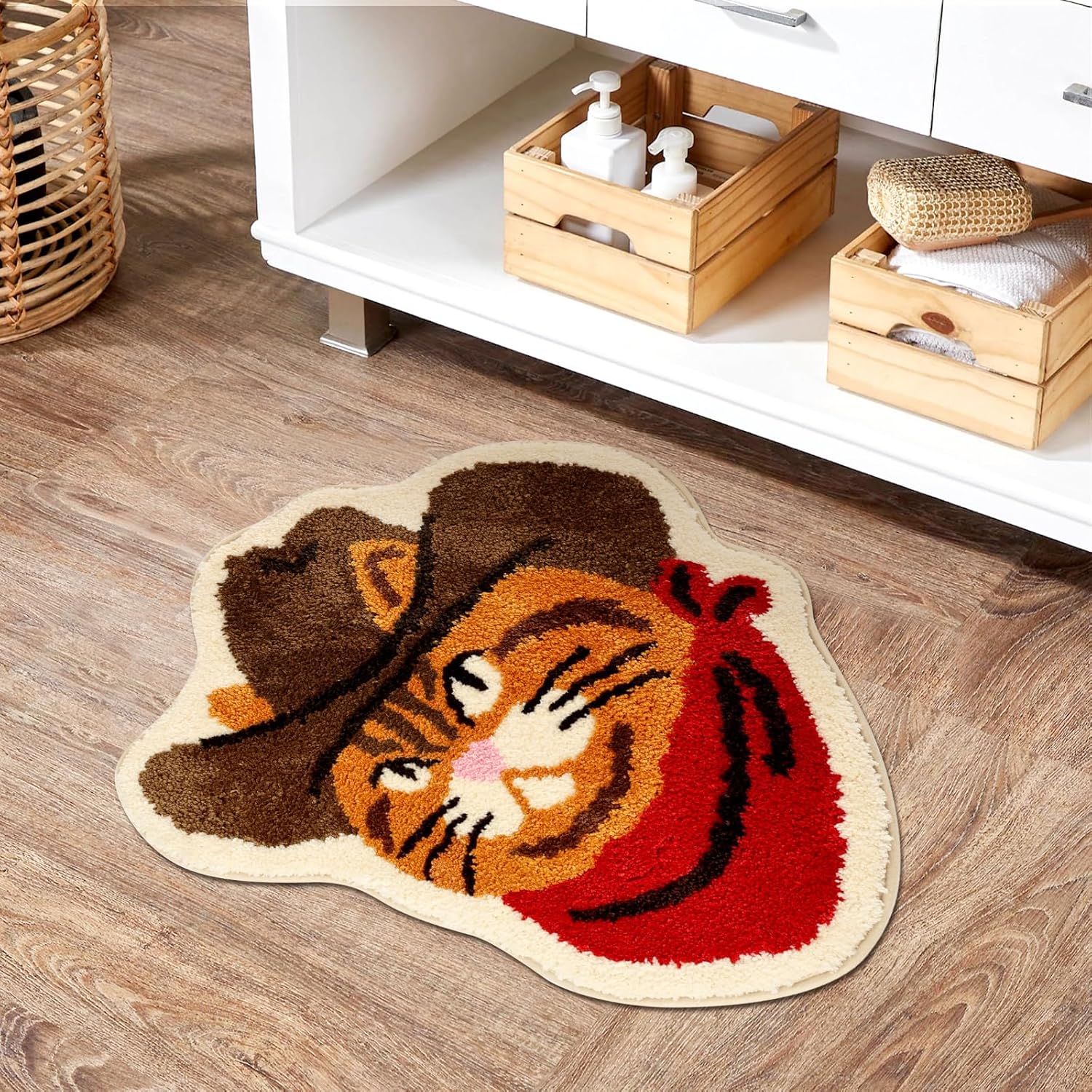 Funny Western Cat Bath Mat Non Slip Washable Floor Mat with Western Cat Design Soft Tufted Plush Doormat