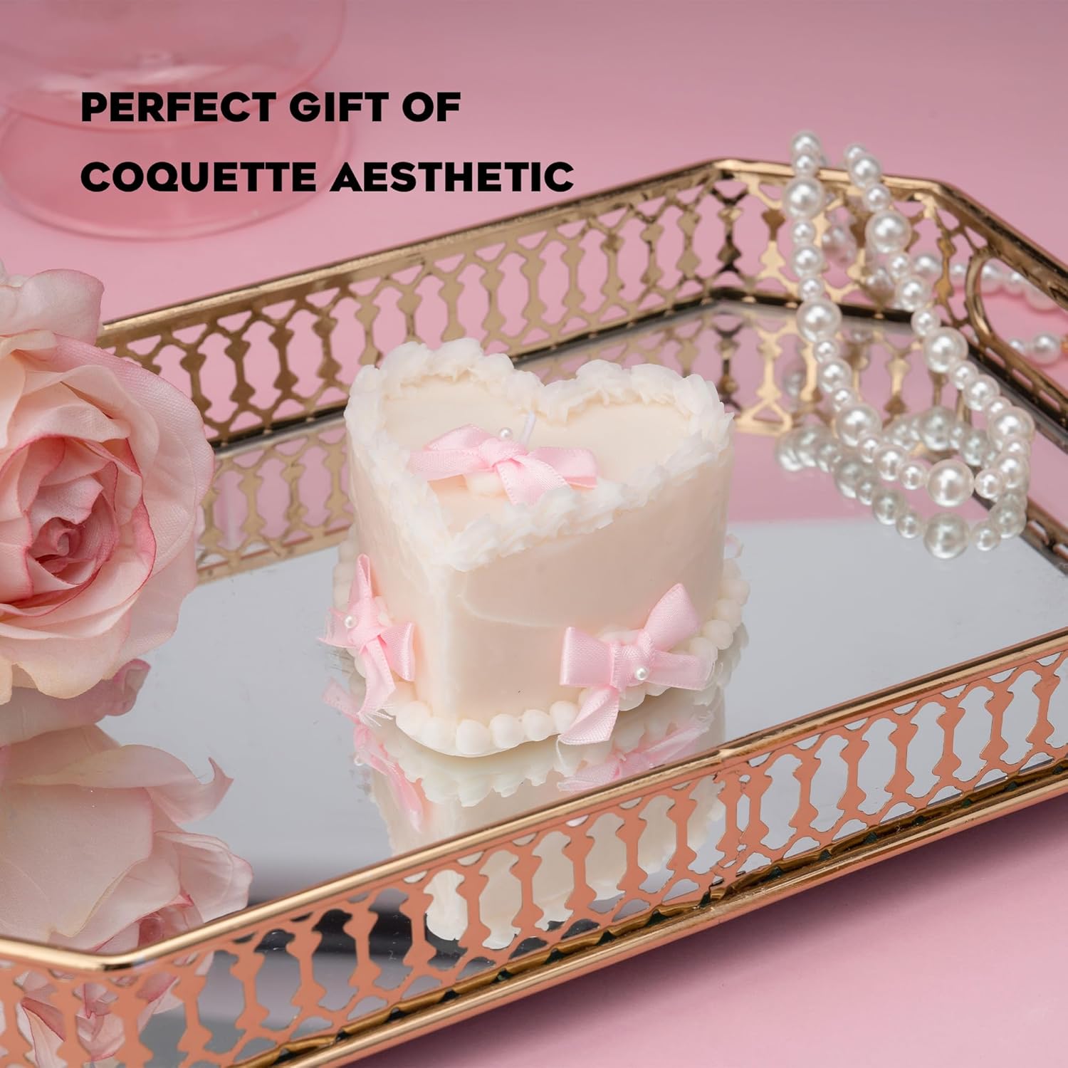 Coquette Room Decor Aesthetic, Heart Cake Shaped Soy Wax Decorative Candle with Pink Bows (5 OZ, Vanilla Cream Scented)