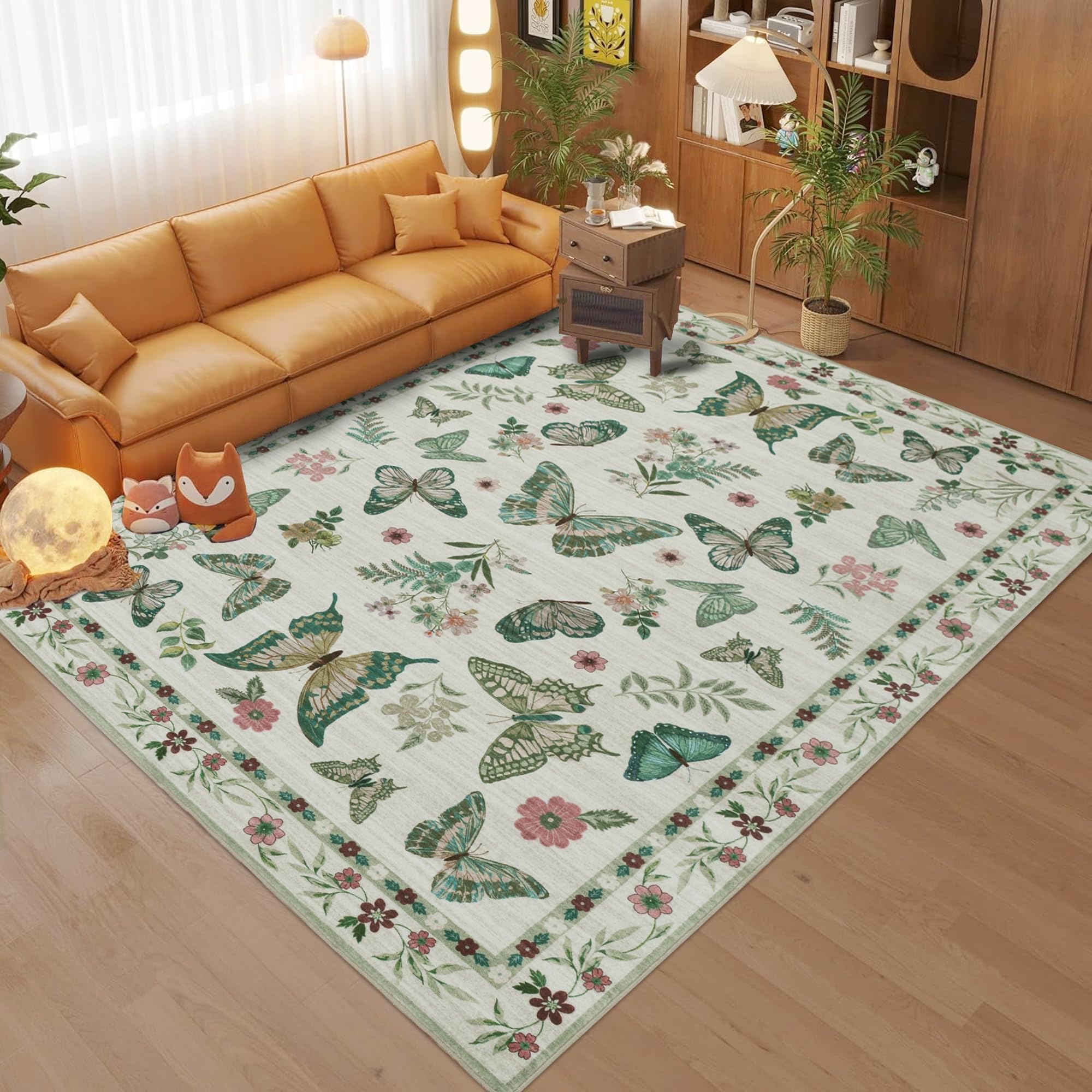 Insect Floral Area Rug, Machine Washable Area Rug Non-Slip Low Pile Large Bedroom Rug Stain Resistant Throw Rug Carpet