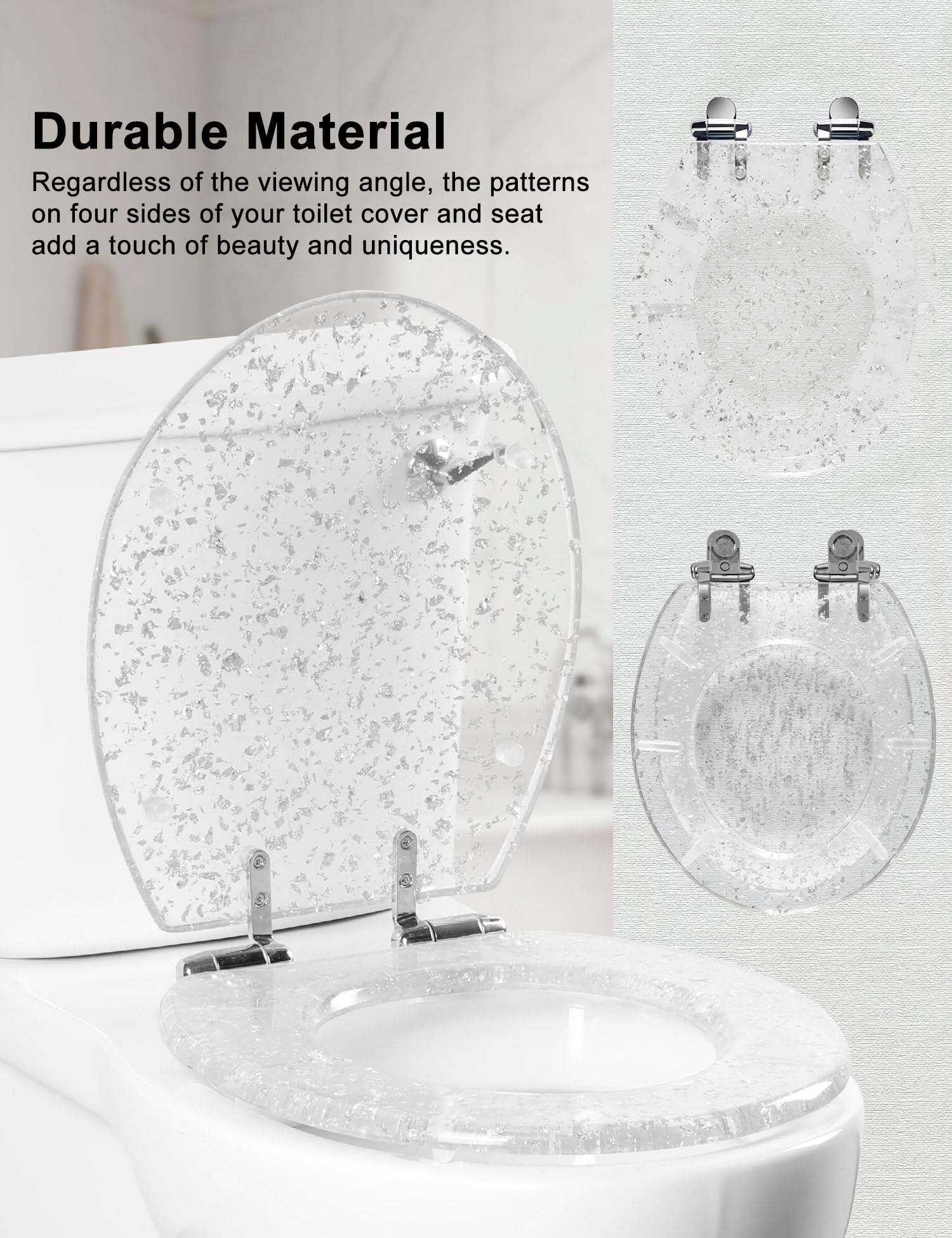 Round Resin Toilet Seat Glitter Soft Close Quick Release Metal Zinc Alloy Hinge Easy to Install also Easy to Clean, Decorative Acrylic Seats (17 Inch)