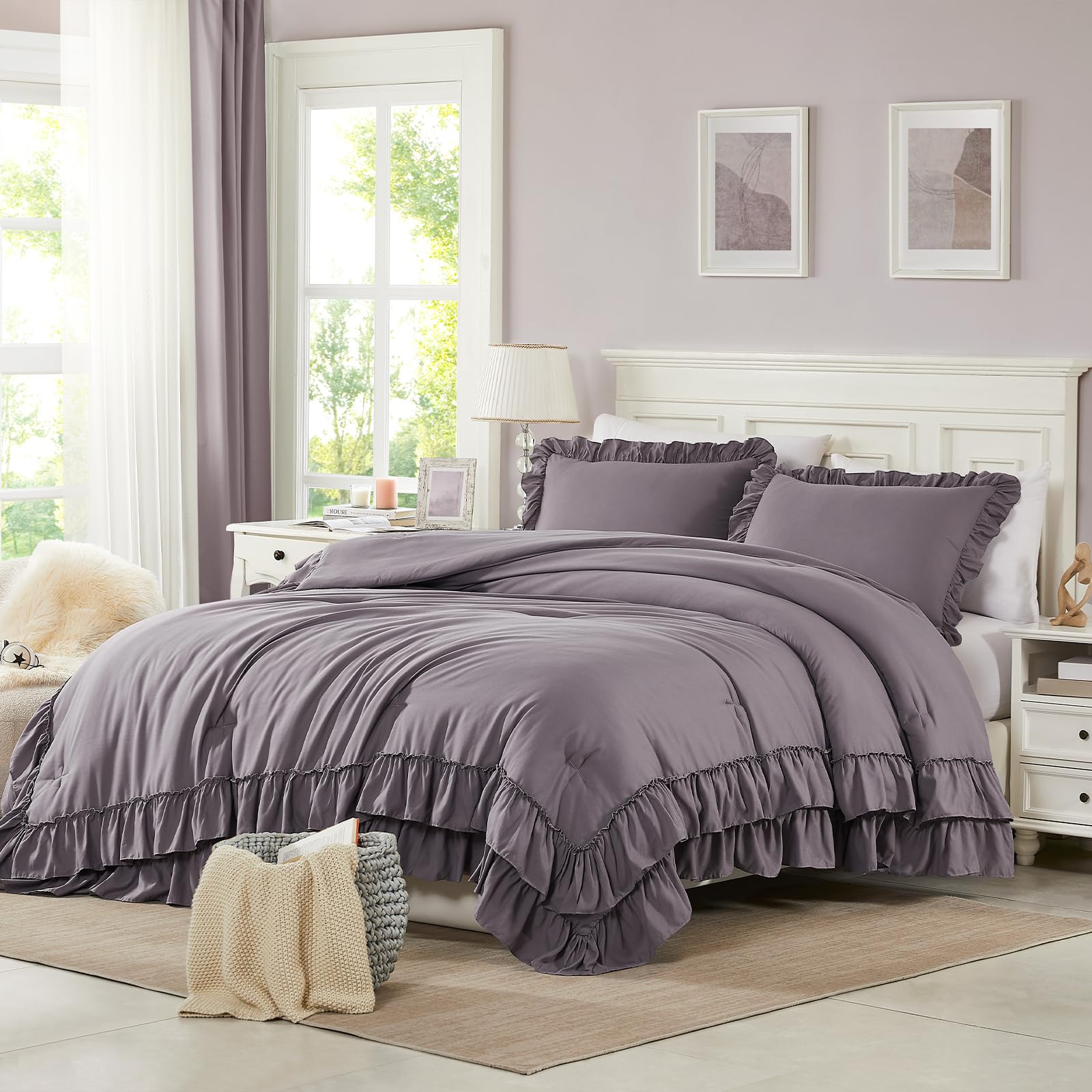 Comforter Set, 3Pcs Comforters Ruffle Bedding Sets Queen with Comforter, Lightweight Soft Shabby Chic Bedding Comforter Set Fluffy