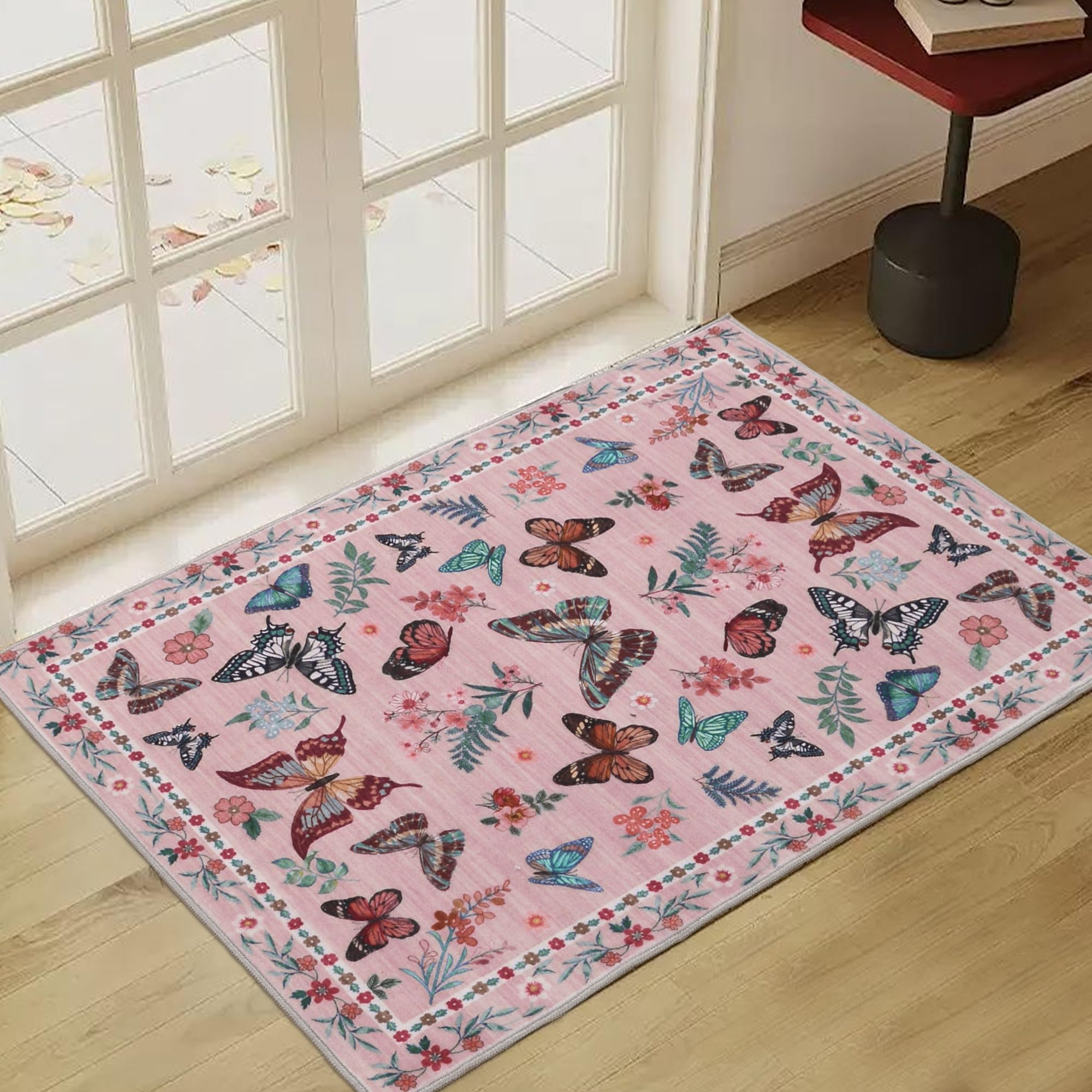 Insect Floral Area Rug, Machine Washable Area Rug Non-Slip Low Pile Large Bedroom Rug Stain Resistant Throw Rug Carpet